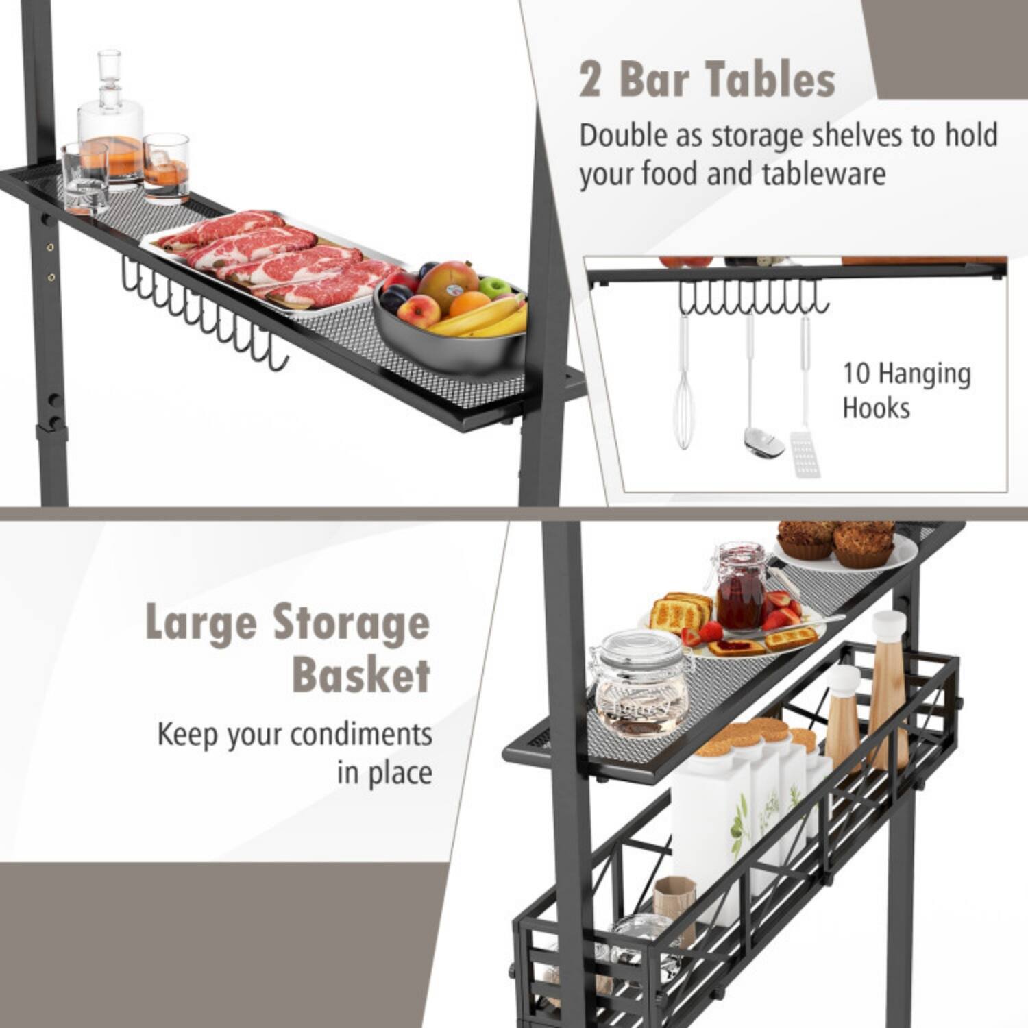 2 Bar Tables  
Double as storage shelves to hold your food and tableware  

10 Hanging Hooks  

Large Storage Basket  
Keep your condiments in place