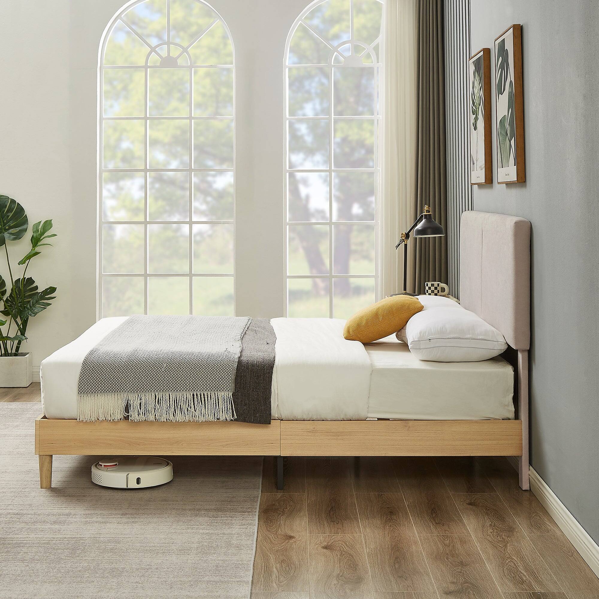 Alt View 3. Vecelo - Full Size Adjustable Bed Frame with Headboard - No Box Spring Needed, Linen Upholstered, 600lb Capacity, Easy Assembly - Beige.