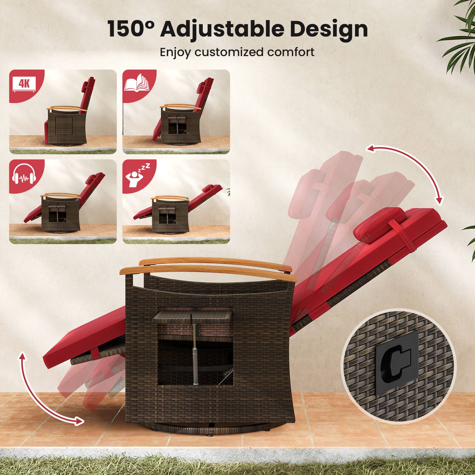 150° Adjustable Design  
Enjoy customized comfort  

4K  
4K  
4K  
ZZ