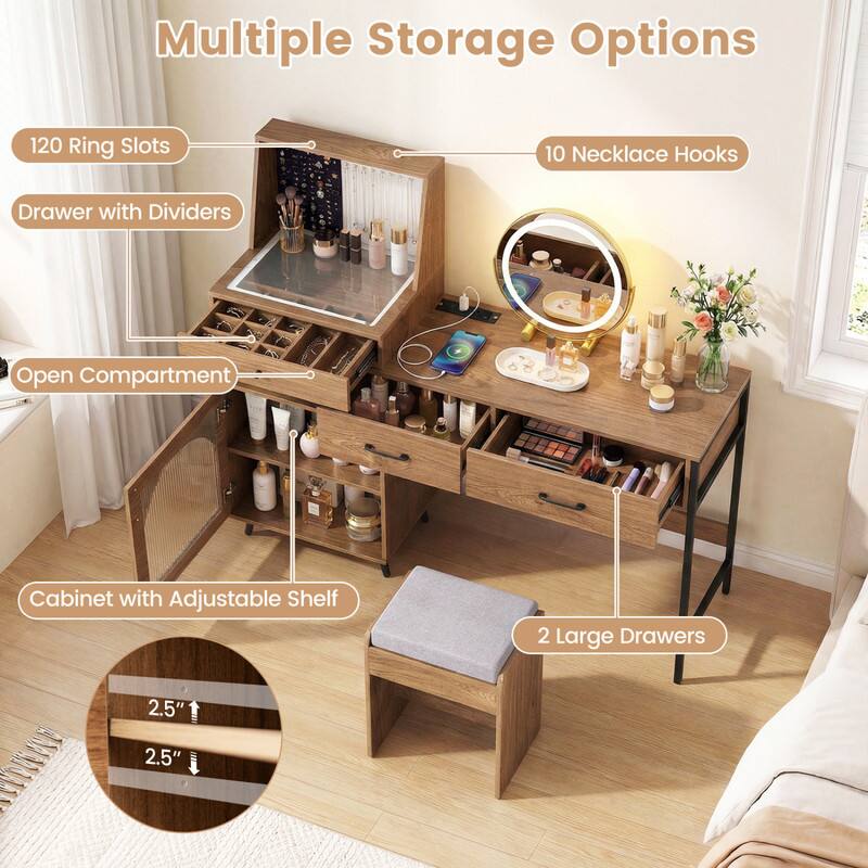 Multiple Storage Options

- 120 Ring Slots
- 10 Necklace Hooks
- Drawer with Dividers
- Open Compartment
- Cabinet with Adjustable Shelf
- 2 Large Drawers

2.5"