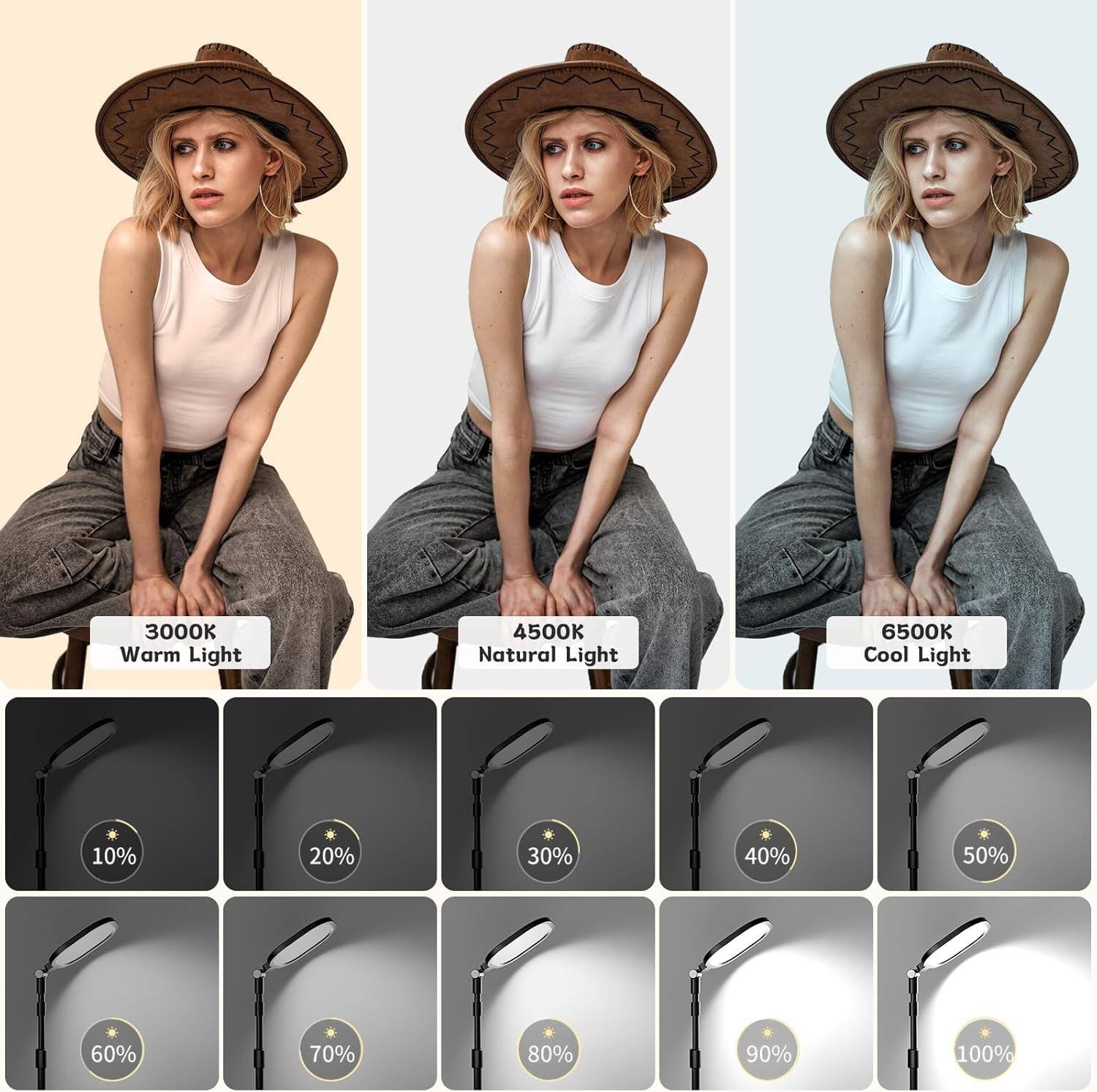 3000K Warm Light  
4500K Natural Light  
6500K Cool Light  

10%  
20%  
30%  
40%  
50%  
60%  
70%  
80%  
90%  
100%