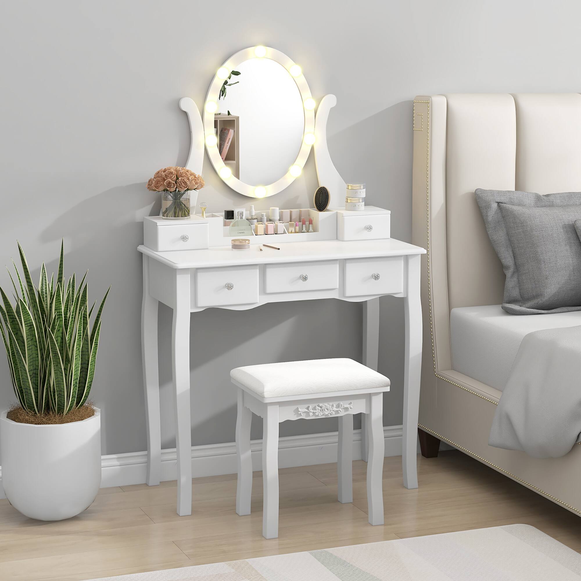 Alt View 3. Gymax - Gymax Vanity Desk Set w/ Lighted Mirror Makeup Table Vanity Dresser w/ 10 LED Light Bulbs White - White.
