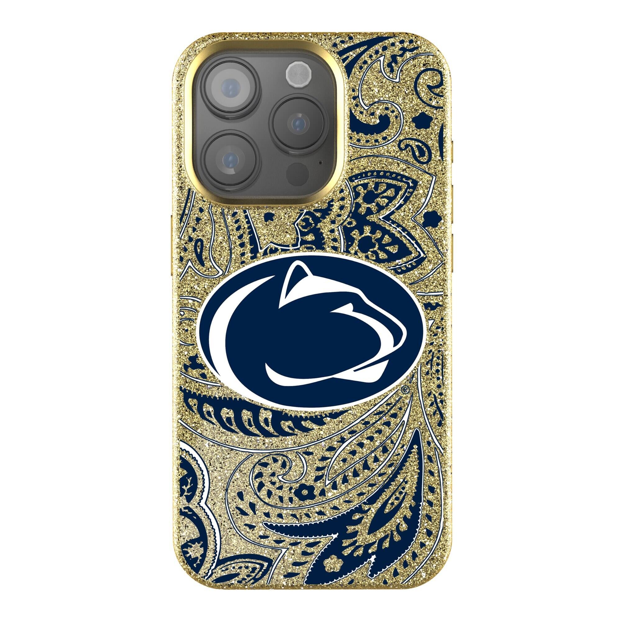 Front. Keyscaper - Penn State Nittany Lions Paisley Bling iPhone Case - 16 Plus - Gold.