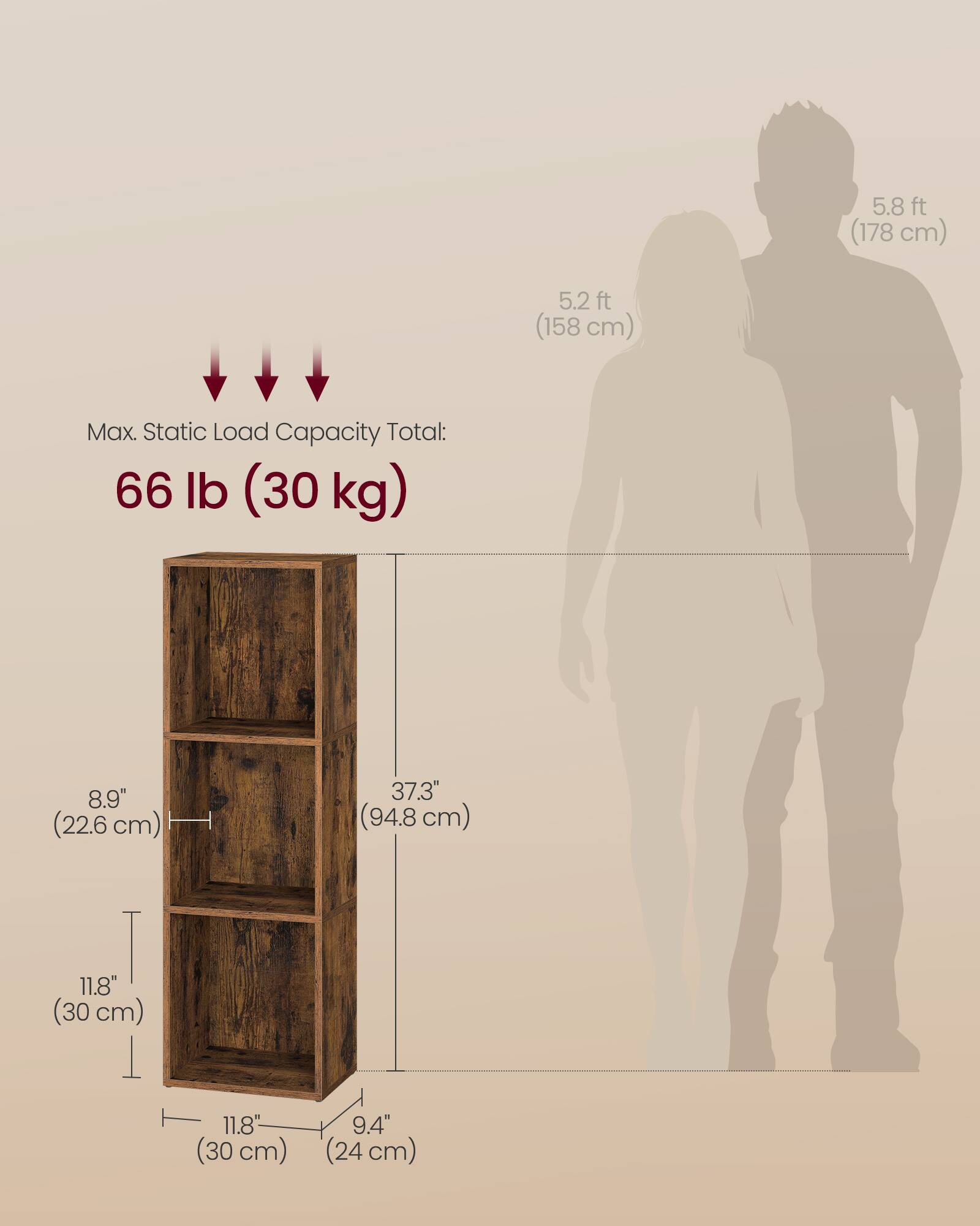 5.8 ft (178 cm)  
5.2 ft (158 cm)  

Max. Static Load Capacity Total: 66 lb (30 kg)  

8.9" (22.6 cm)  
37.3" (94.8 cm)  
11.8" (30 cm)  
11.8" (30 cm)  
9.4" (24 cm)