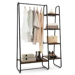 Costway - Metal Garment Rack Free Standing Closet Organizer w/5 Shelves Hanging Bar - Black