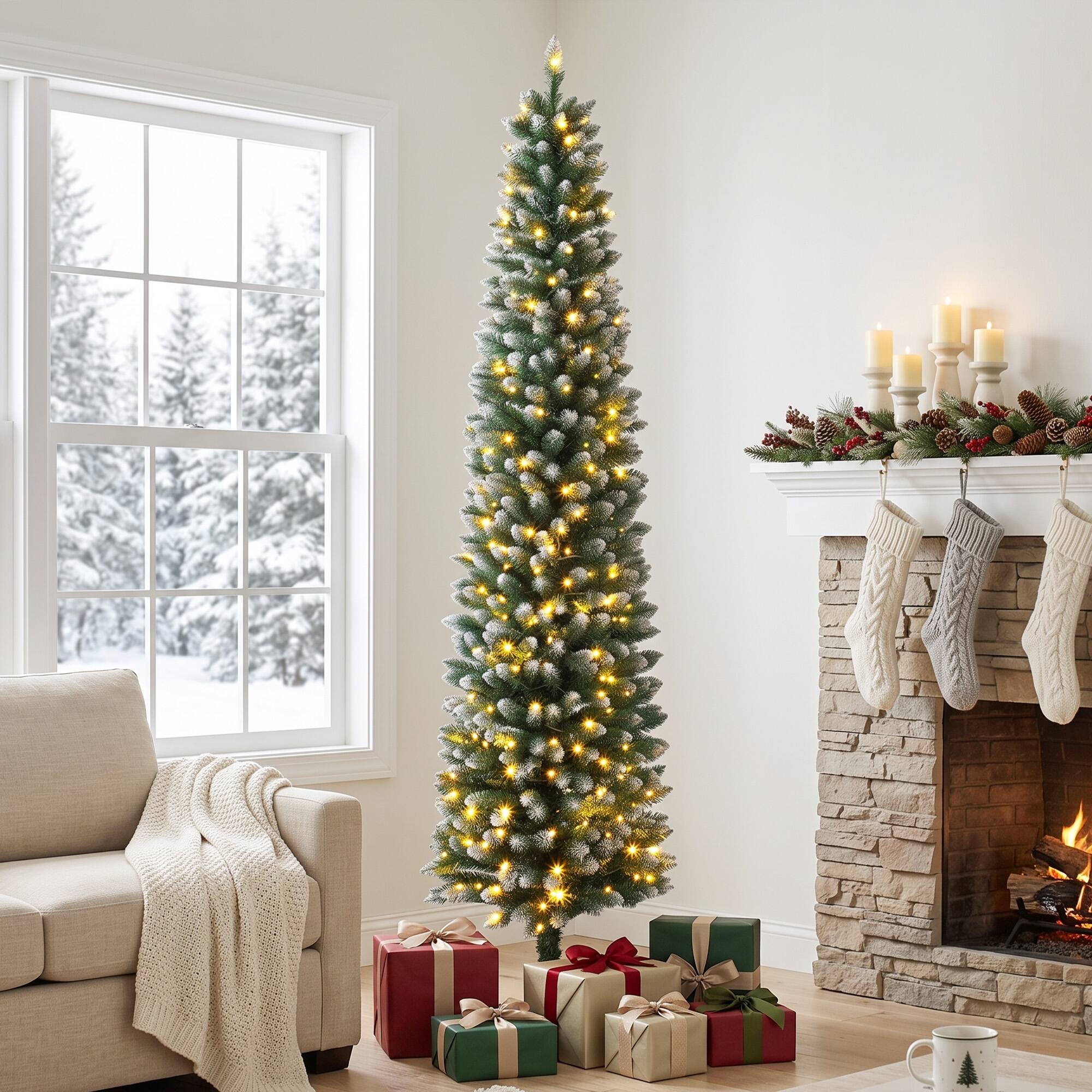 Alt View 1. Homcom - Pencil Prelit Christmas Tree, Dual Color LEDs, Flocked, Remote, Slim Xmas Tree with 11 Modes - Green White.