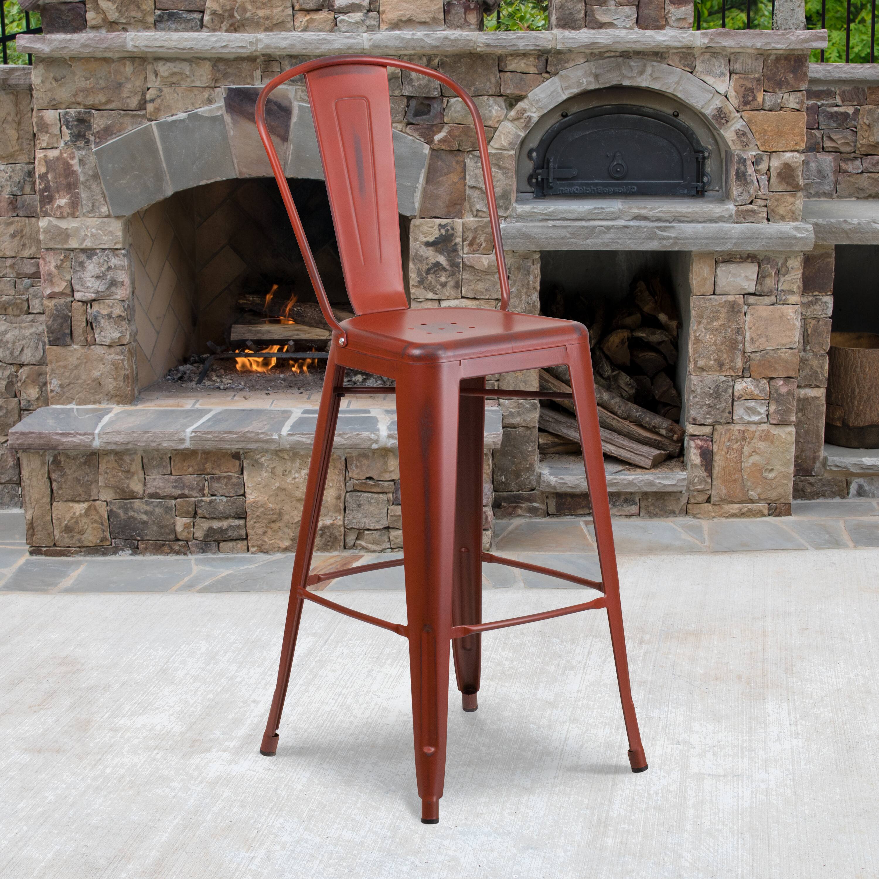 Alt View 1. Emma + Oliver - Commercial Grade 30"H Distressed Colorful Metal Indoor-Outdoor Barstool w/ Back - Kelly Red.