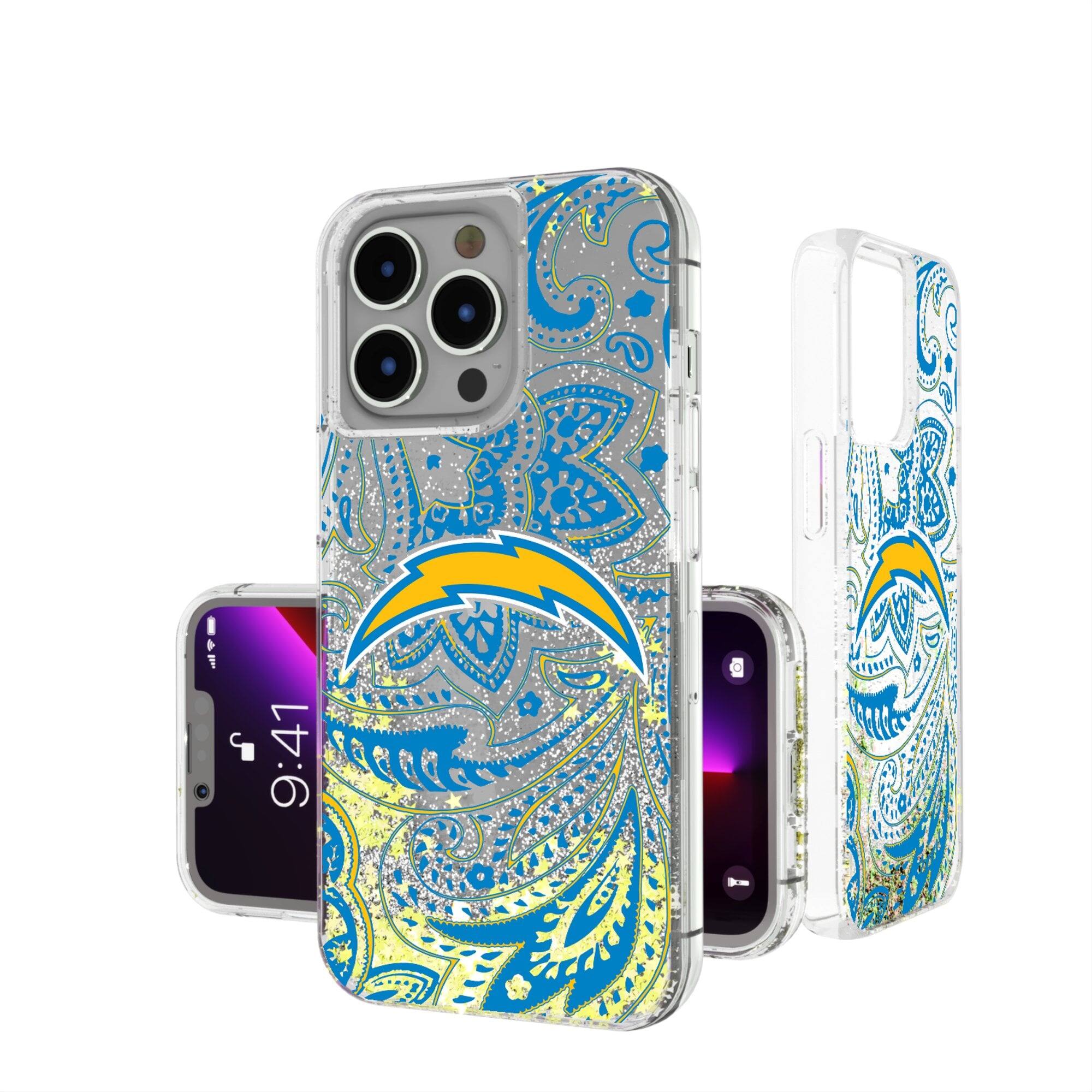 Front. Keyscaper - Los Angeles Chargers iPhone Paisley Design Glitter Case - 16 - Multicolor.