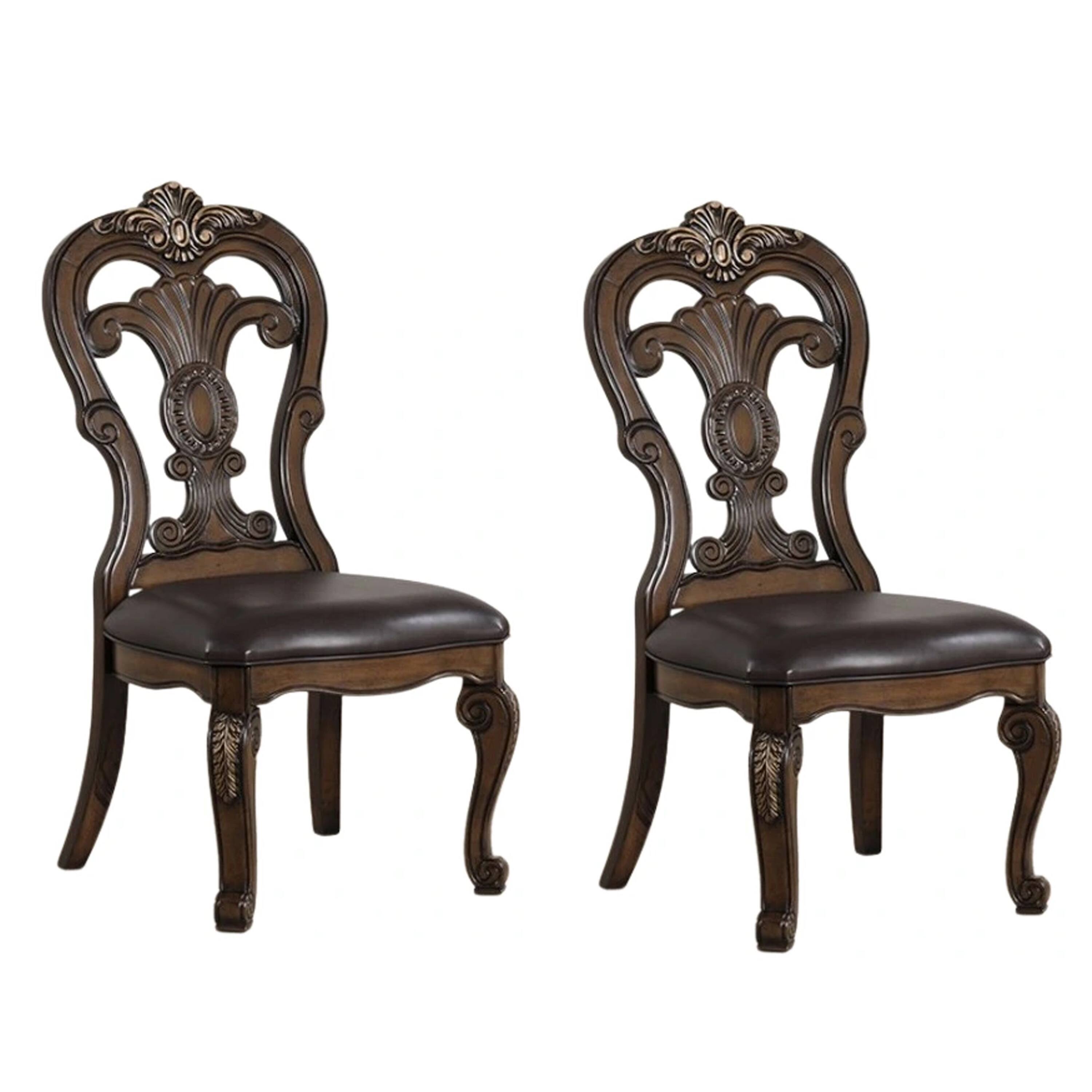 Front. Manhattan Lane - Leova Side Dining Chair Set of 2, Carved Corbels, Gold Tip Crown - Dark Brown.
