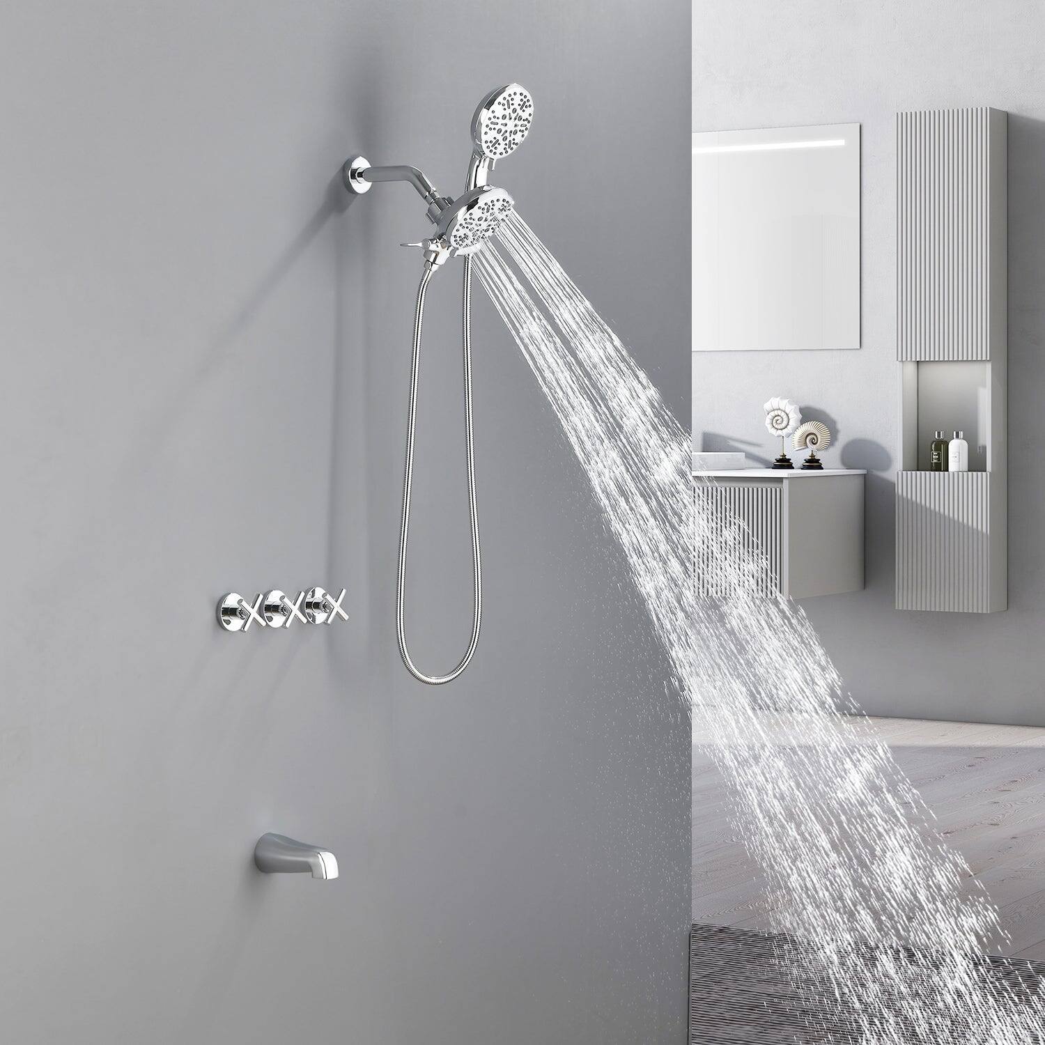 Alt View 4. Boyel Living - Polished Chrome Shower Set with Three Handle Control and Seven Function Dual Shower Heads - Polished Chrome.