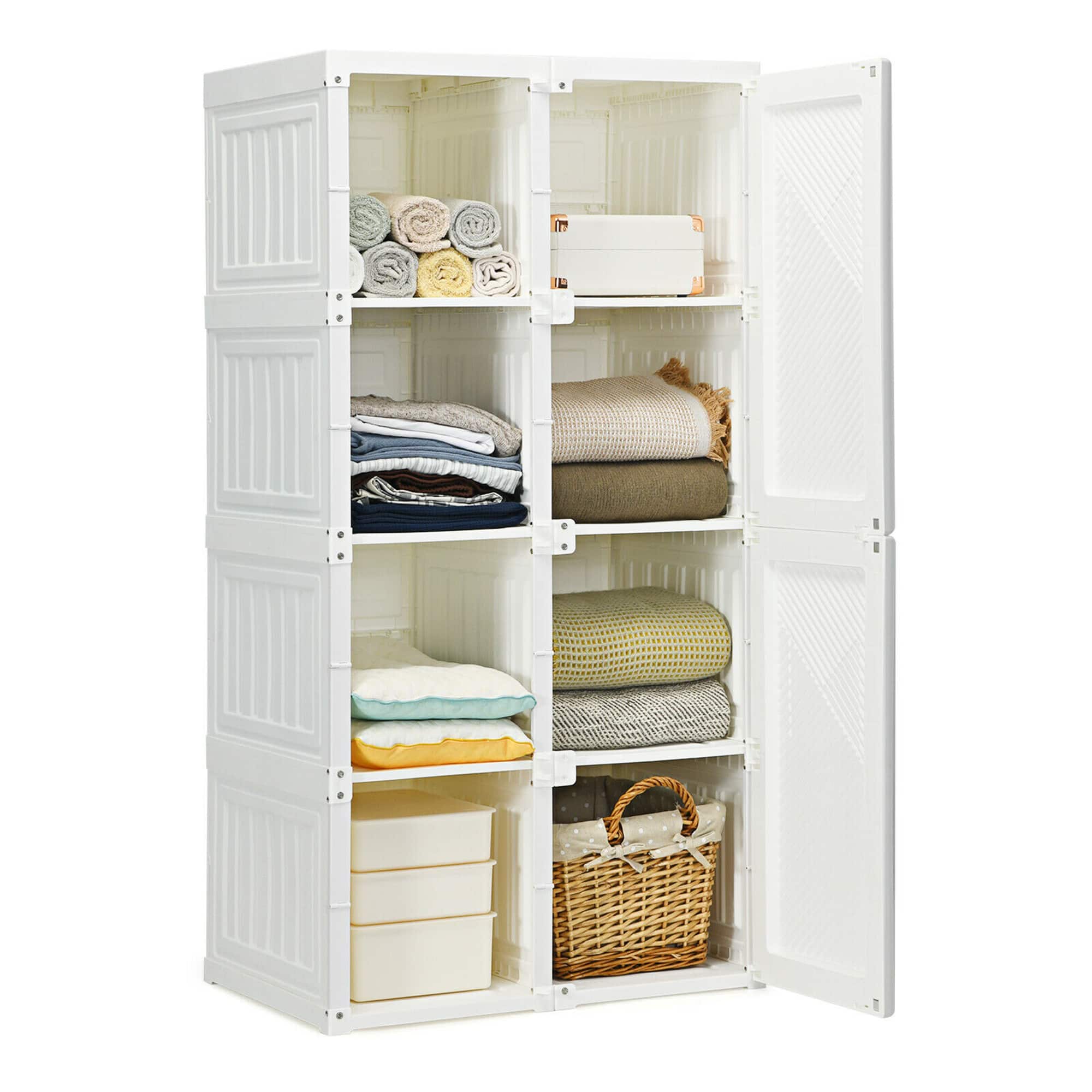 Costway - Portable Closet Clothes Foldable Armoire Wardrobe Closet w/ 8 Cubby Storage - White