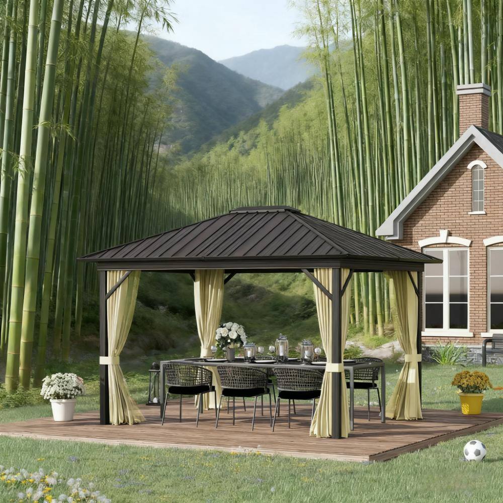 Alt View 2. APRILSOUL - Gazebo with Curtains Netting 11.9 x 9.8IN Metal Roof Gazebo Canopy with Aluminum Frame and Top Hook Cream.