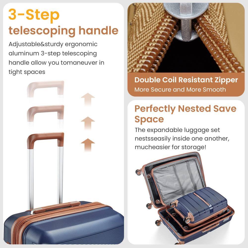 3-Step telescoping handle  
Adjustable & sturdy ergonomic aluminum 3-step telescoping handle allows you to maneuver in tight spaces  

Double Coil Resistant Zipper  
More Secure and More Smooth  

Perfectly Nested Save Space  
The expandable luggage set nests easily inside one another, much easier for storage!