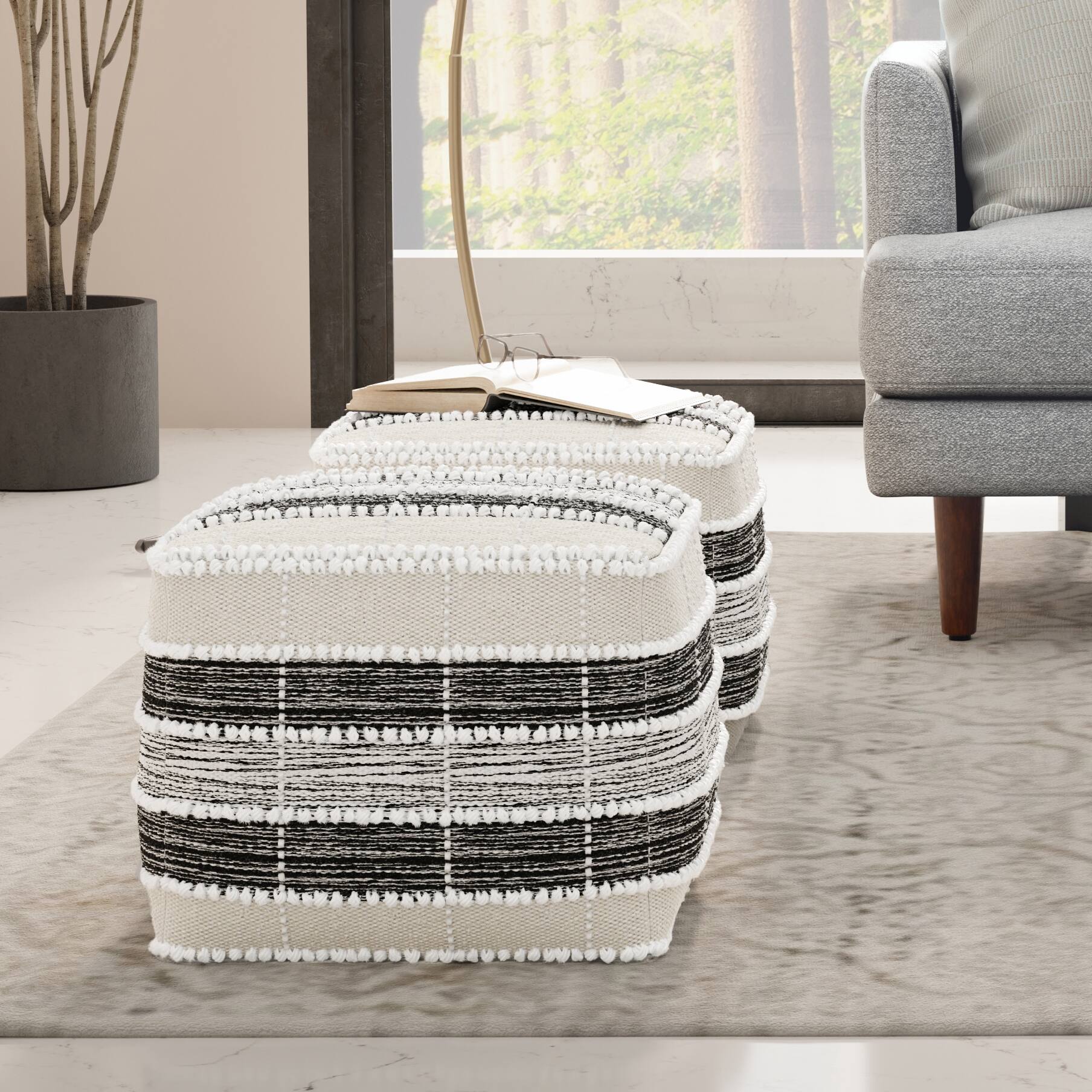 Angle. Simpli Home - Simpli Home Barley 18 inch Wide Square Pouf in White, Beige and Black Woven Polyester - White, Beige, Black.