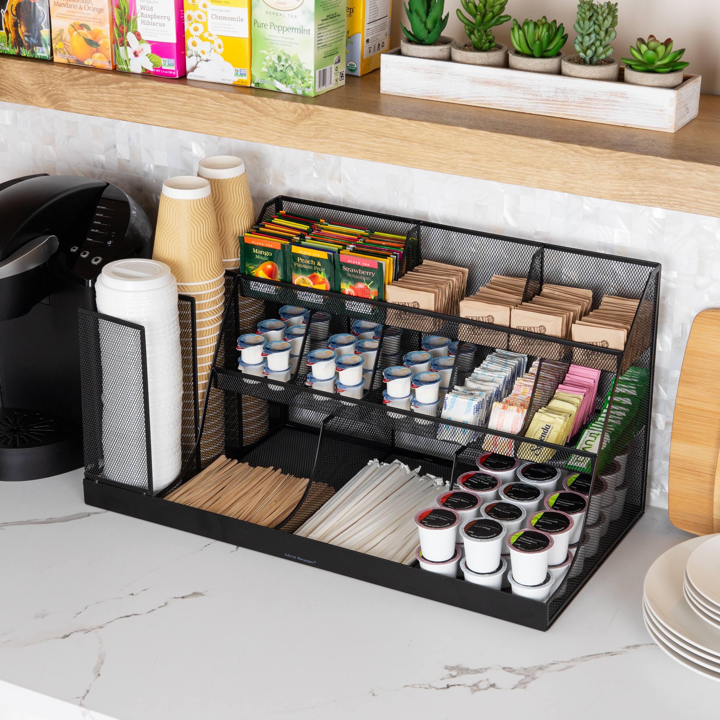 Angle. Mind Reader - Cup and Condiment Station, Countertop Org, Coffee Bar, Kitchen, Metal Mesh, 23.75"L x 11.5"W x 12.5"H - Black.