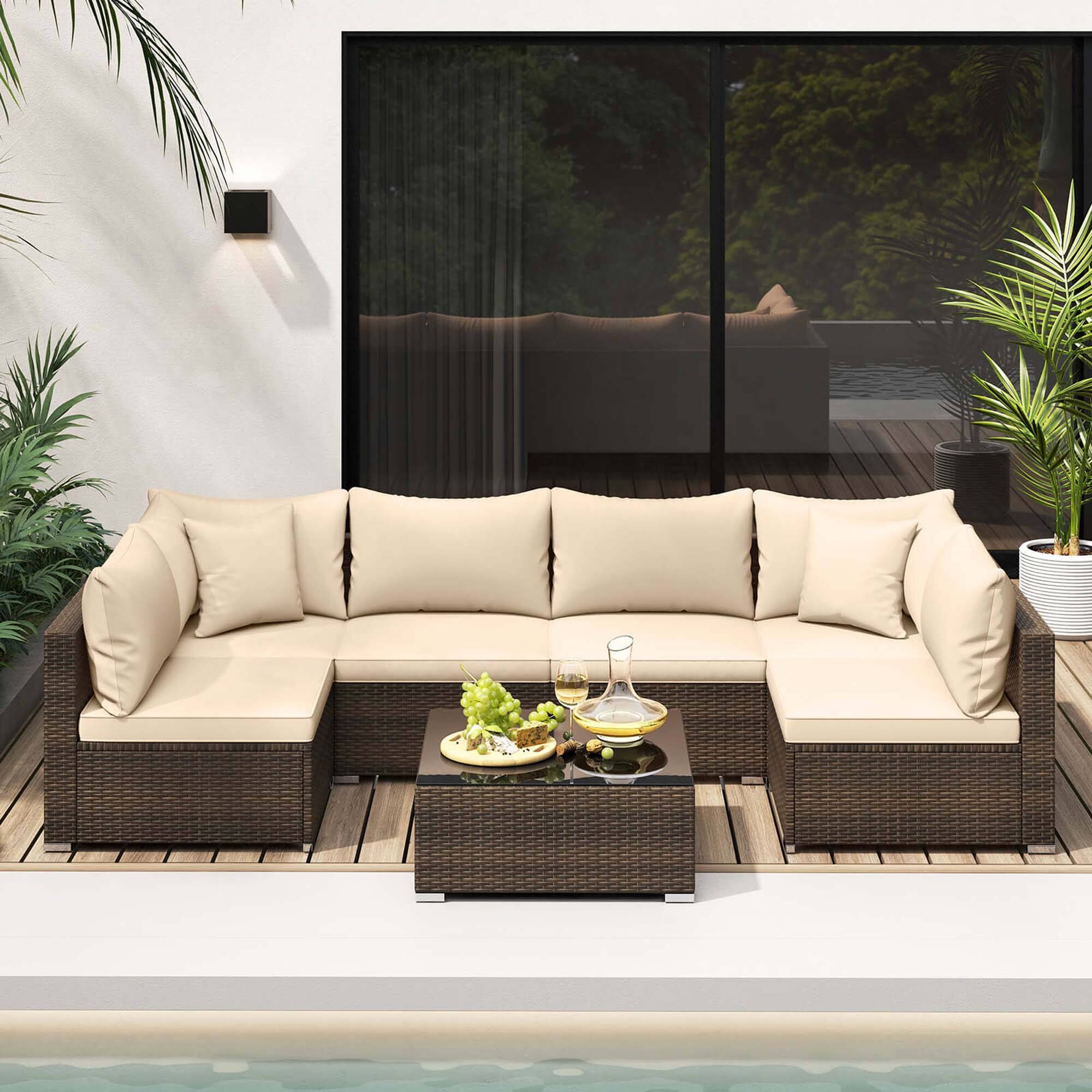 Alt View 3. Costway - 7 PCS Patio Rattan Furniture Set Sectional Sofa Cushioned Garden - Brown,Mix Gray.