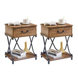 Vecelo - Set of 2 Industrial Nightstand with X-Design Frame - Drawer End Table for Bedroom Living Room, 23.6" Retro Side Table - Brown