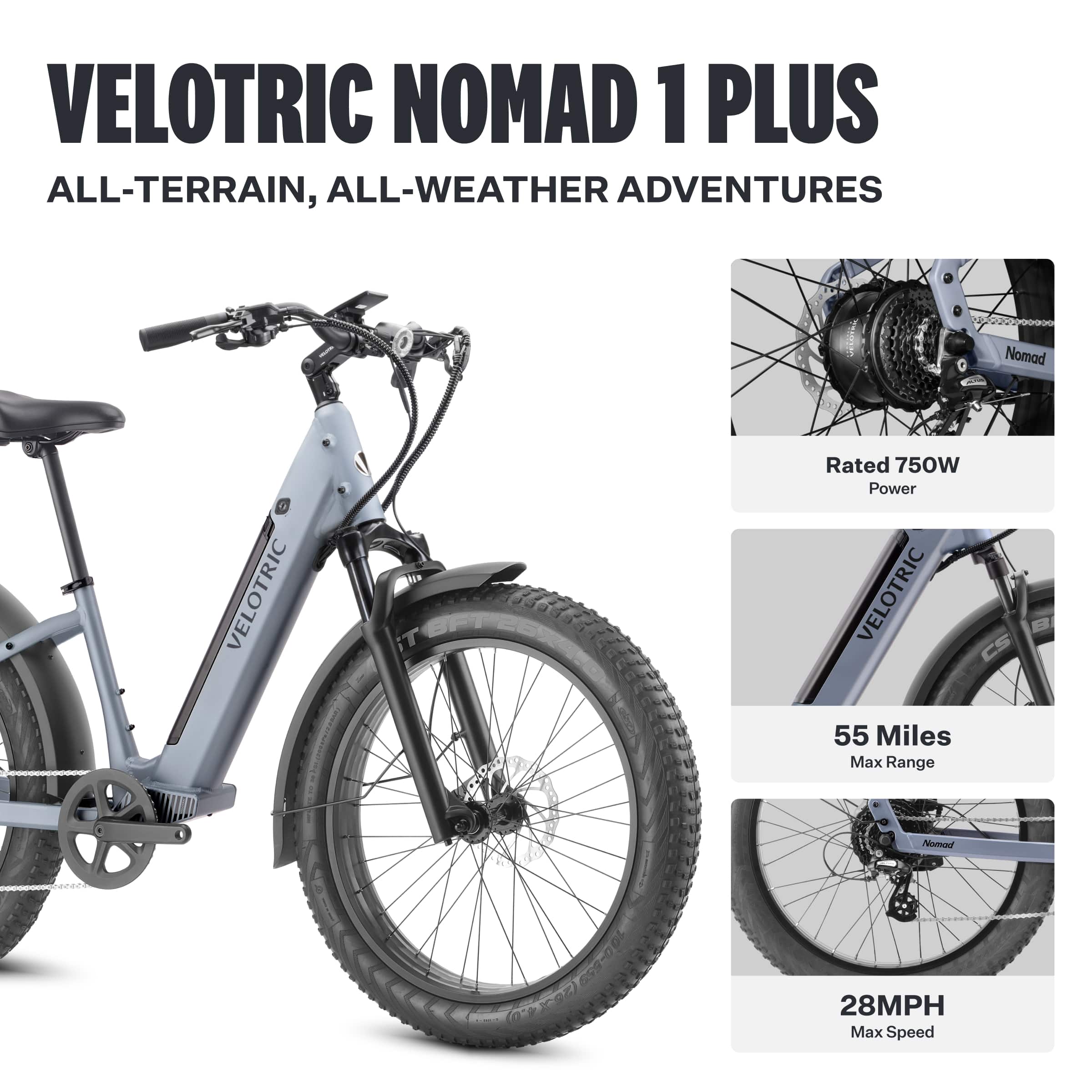 VELOTRIC NOMAD 1 PLUS ALL-TERRAIN, ALL-WEATHER ADVENTURES: Nomad VELOTRIC Rated 750W Power VELOTRIC 55 Miles Max Range Nomad 28MPH Max Speed