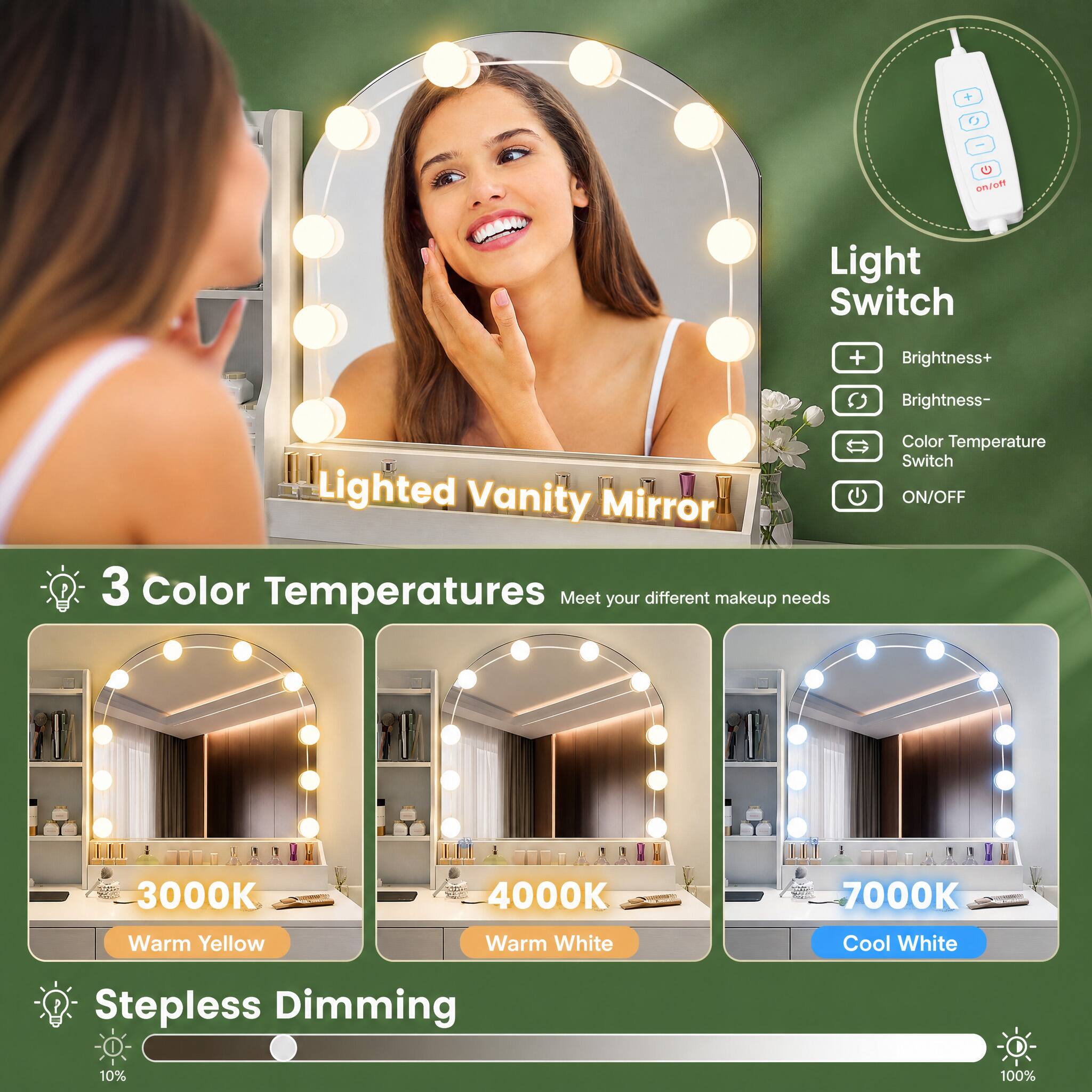 Lighted Vanity Mirror

Light Switch
Brightness+
Brightness-
Color Temperature Switch ON/OFF
3000K Warm Yellow
4000K Warm White
7000K Cool White
Stepless Dimming 10% - 100%