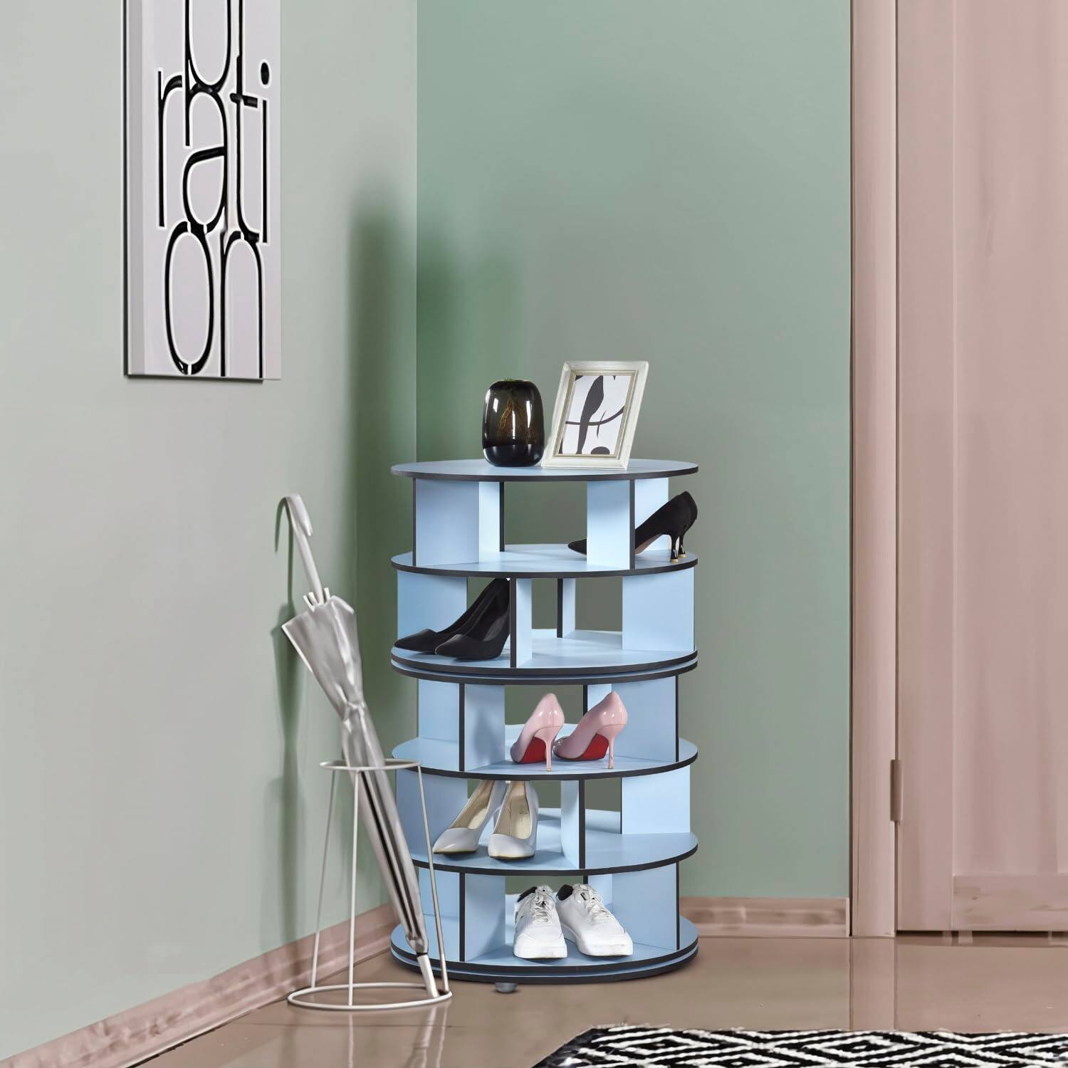 Alt View 6. Kings Brand Furniture - Kings Brand Furniture 5-Tier Rotating Shoe Rack, 360° Revolving Lazy Susan Spinning Shoe Rack Tower Storage Organizer - Blue.