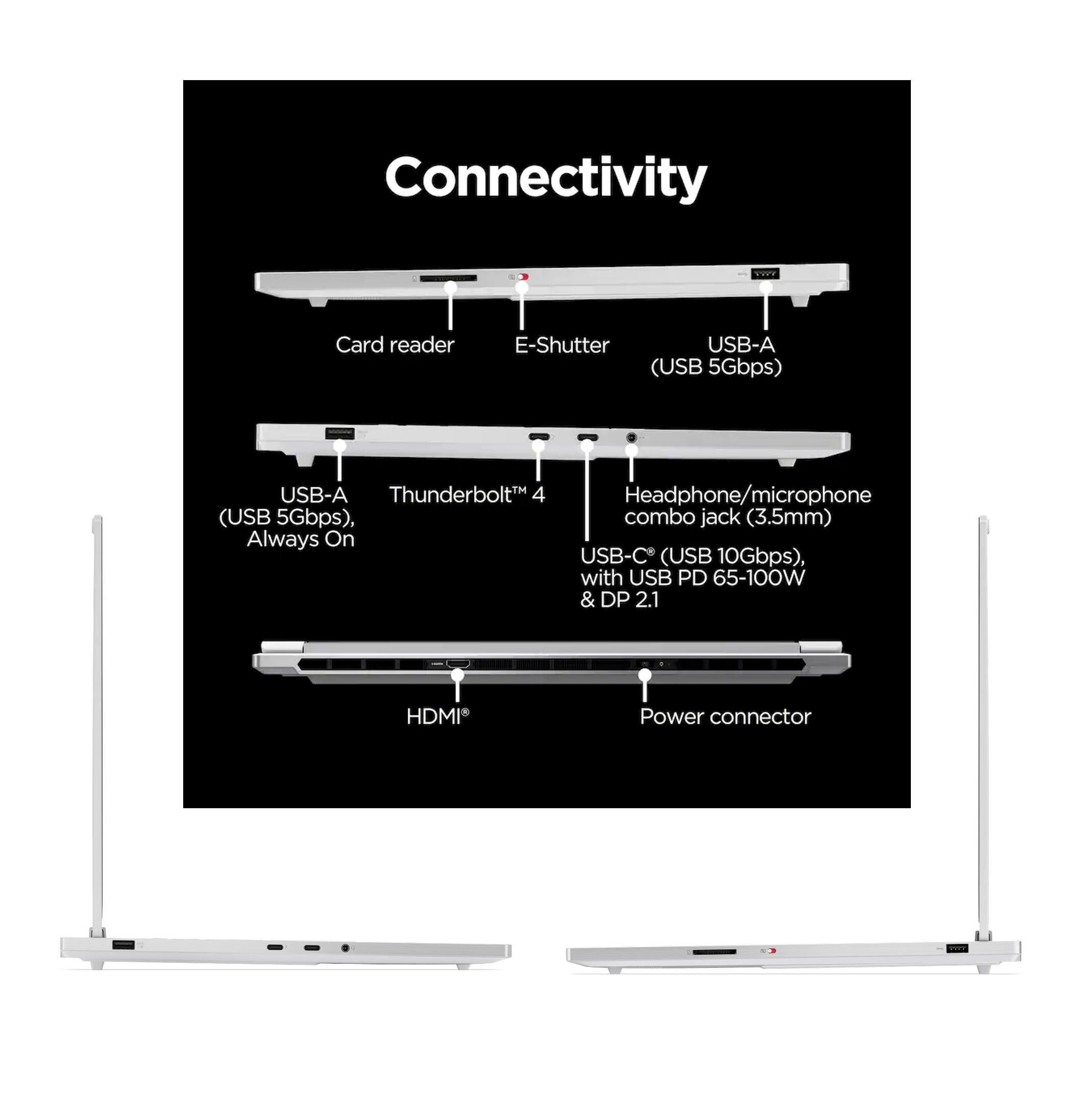 Connectivity  
- Card reader  
- E-Shutter  
- USB-A (USB 5Gbps)  
- USB-A Thunderbolt 4 (USB 5Gbps)  
- Headphone/microphone combo jack (3.5mm)  
- Always On USB-C (USB 10Gbps), with USB PD 65-100W & DP 2.1  
- HDMI  
- Power connector