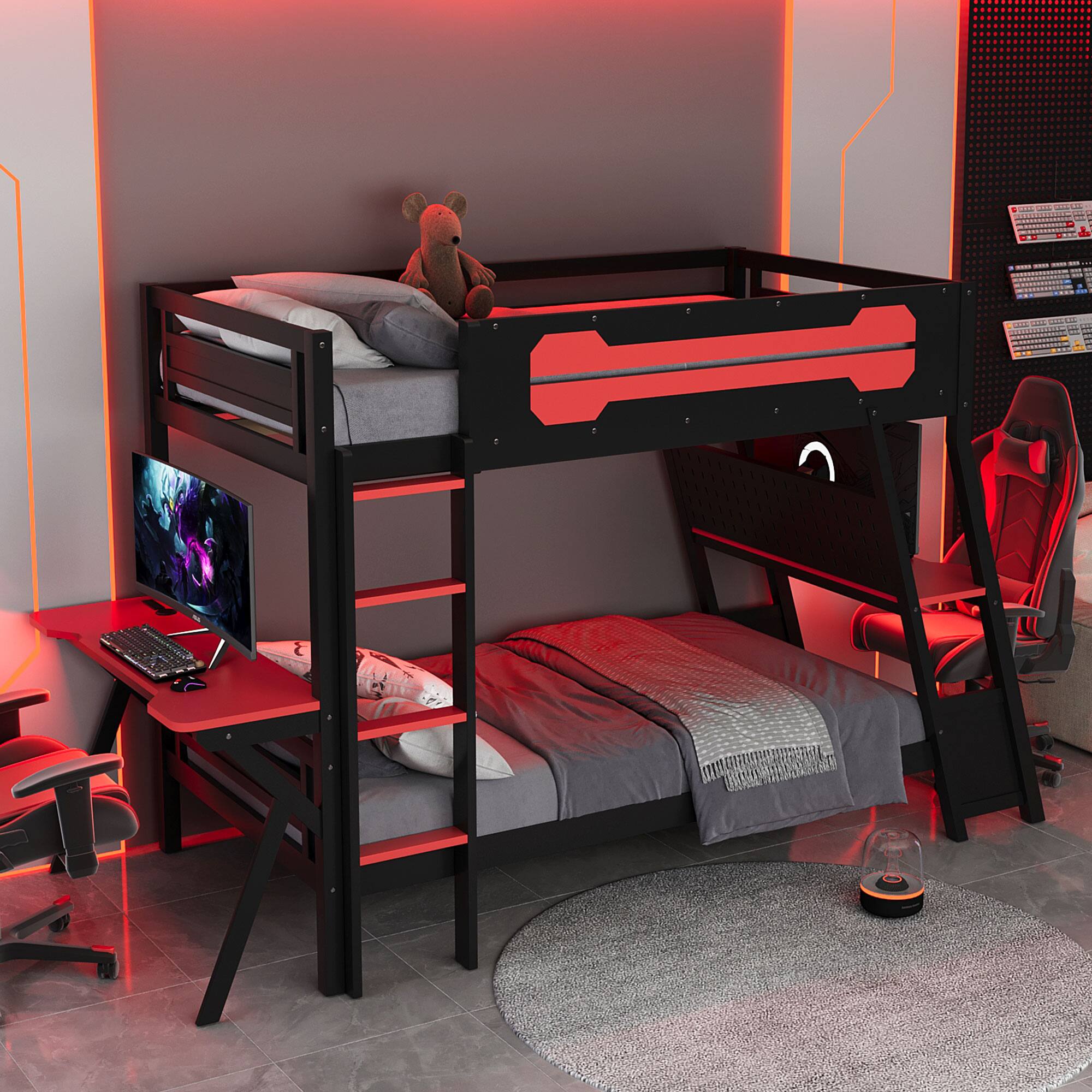 Left. Anysun - Twin Size Bunk Bed with Two Built-In Gaming Desks, USB Desktop Ports & Pegboard Organizer, Gaming Bunk Frame for Gamer - Red.