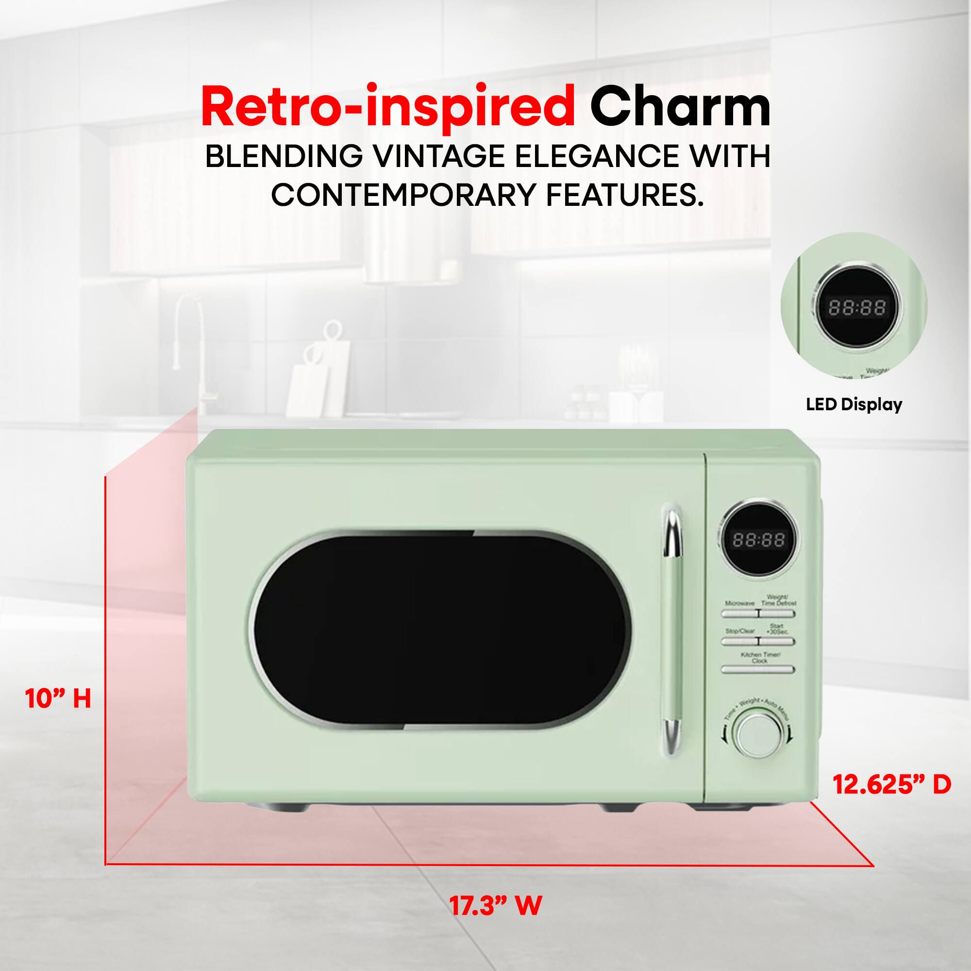 Retro-inspired Charm  
BLENDING VINTAGE ELEGANCE WITH CONTEMPORARY FEATURES.  

LED Display  

10" H  
12.625" D  
17.3" W