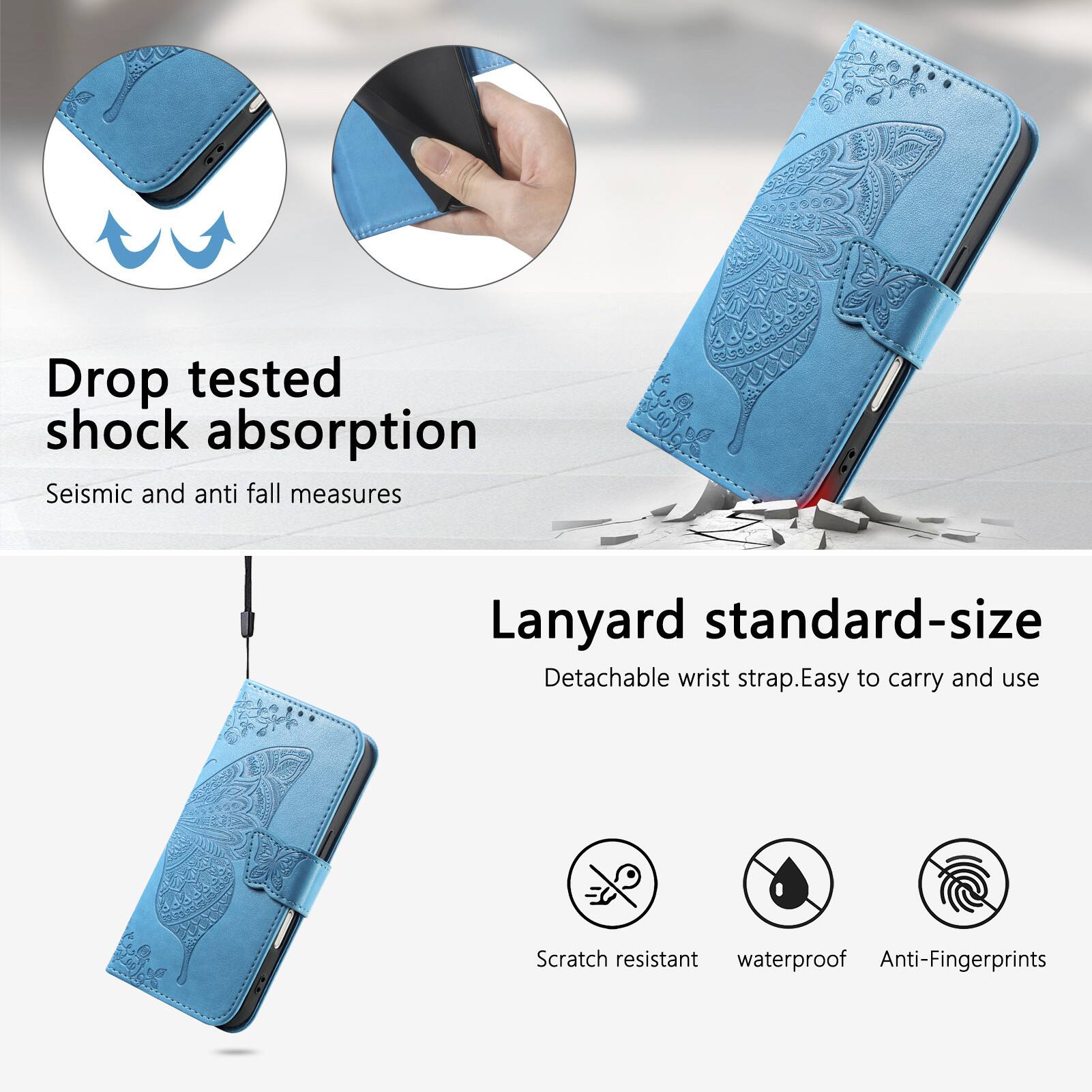 Drop tested shock absorption  
Seismic and anti fall measures  

Lanyard standard-size  
Detachable wrist strap. Easy to carry and use  

Scratch resistant  
Waterproof  
Anti-Fingerprints