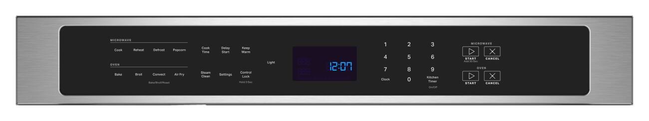 MICROWAVE  
Cook  
Retwit  
OVEN  
Bake  
Broil  
Defrost  
Popcorn  
Convect  
Air Fry  
Cook Time  
Sheam  
Clean  
Deby  
Keep  
Start  
Wyn  
Control  
Settings  
Lock  
Hold  
Light  
BEBB  
888  
201  
1 4 7  
Clock  
2 5 8 0  
3 6 9  
Kitchen Timer  
OWON  
MICROWAVE  
X  
START  
CANCEL  
Add 10 Sec  
OVEN  
X  
START  
CANCEL