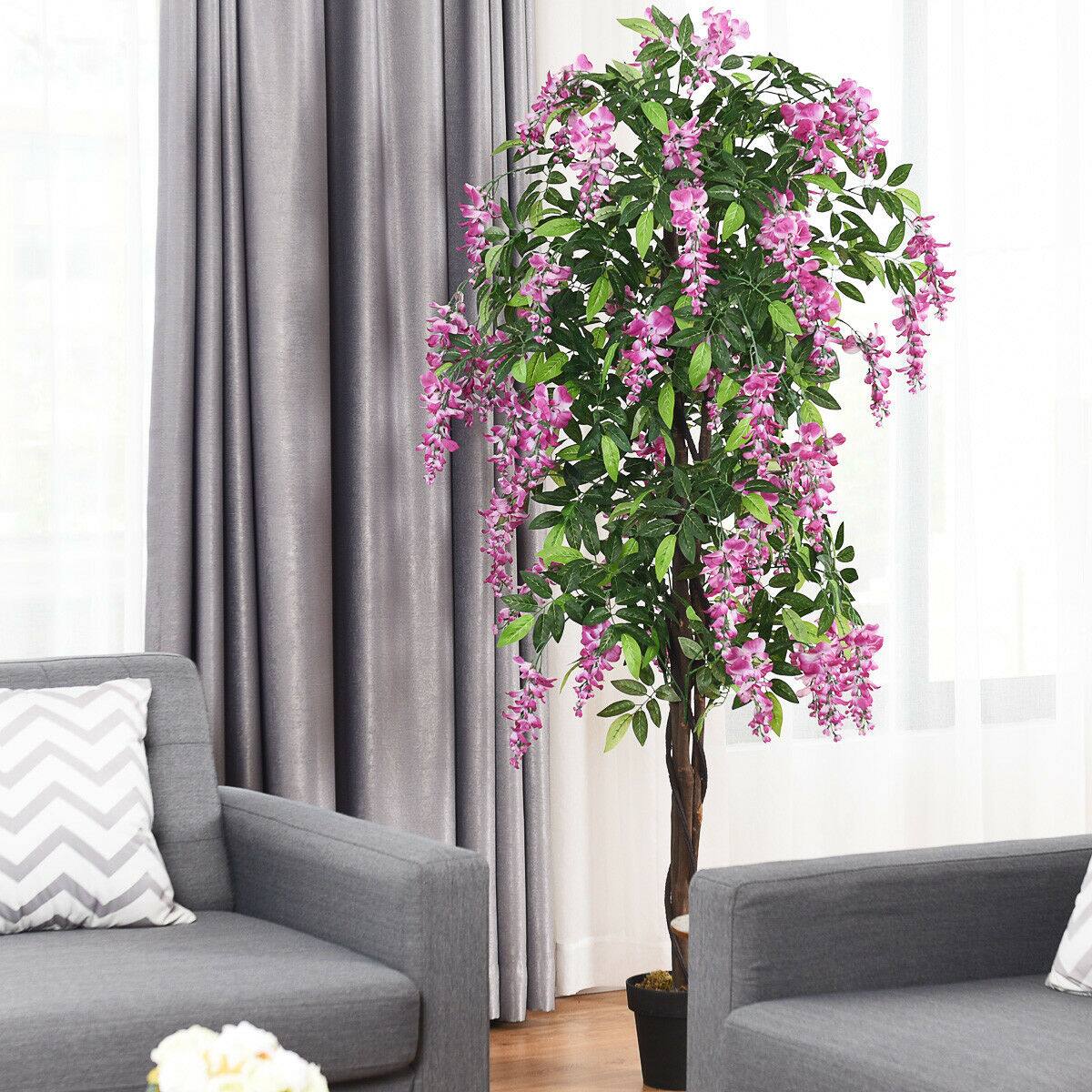 Alt View 5. Costway - Costway 2 PCS 6 FT Artificial Wisteria Silk Tree Pink Flower Indoor-Patio Home - Green.