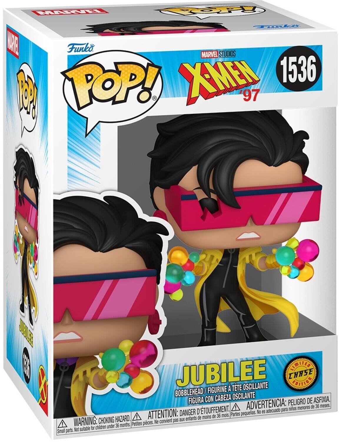 MARVEL STUDIOS  
X-MEN '97  

Funko POP!  

1536  

JUBILEE  
BOBBLEHEAD / FIGURINE À TÊTE OSCILLANTE  
FIGURA CON CABEZA OSCILANTE  

LIMITED EDITION CHASE  

WARNING: CHOKING HAZARD.  
ATTENTION: DANGER D'ÉTOUFFEMENT.  
ADVERTENCIA: PELIGRO DE ASFIXIA.  
Not suitable for children under 36 months.  
Ne convient pas aux enfants de moins de 36 mois.  
Pequeñas piezas. No es adecuado para niños menores de 36 meses.  
Small parts. Not suitable for children under 36 months.