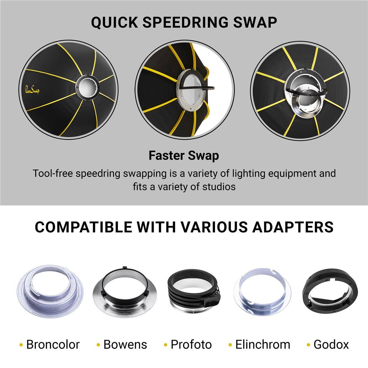 QUICK SPEEDRING SWAP

Faster Swap
Tool-free speedring swapping is a variety of lighting equipment and fits a variety of studios

COMPATIBLE WITH VARIOUS ADAPTERS
- Broncolor
- Bowens
- Profoto
- Elinchrom
- Godox