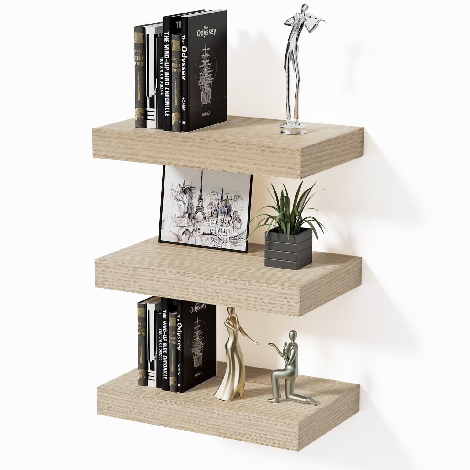 BOMEDA - Floating Wall Shelves, Wooden Wall Shelf for Room or Bathroom Storage, Over Toilet Wall Organizer, 12x7x1.5 in, 3 Pack - Oak