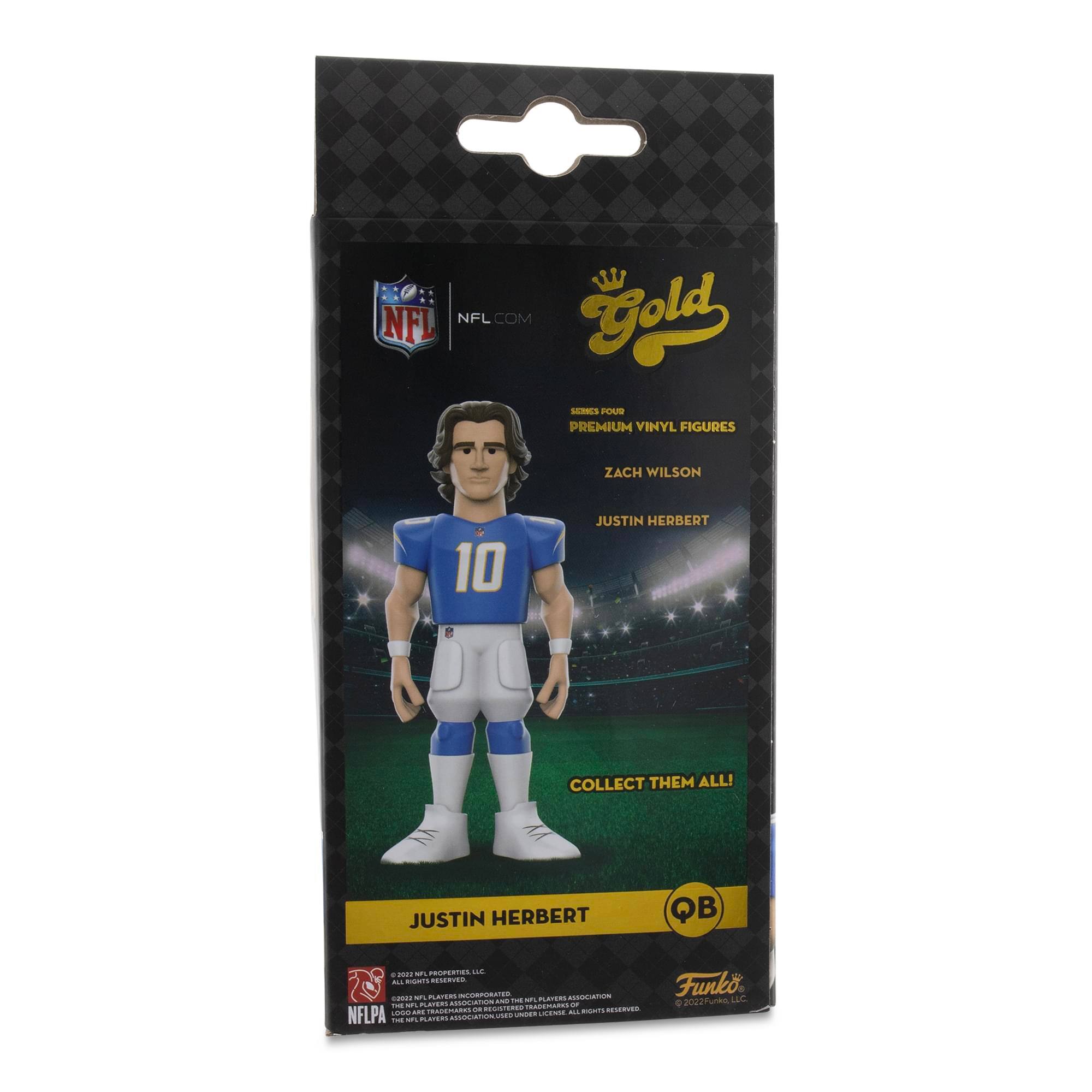NFL.COM  
Gold  
Series Four  
Premium Vinyl Figures  
Zach Wilson  
Justin Herbert  
Collect Them All!  

Justin Herbert  
QB  

Funko  
© 2022 Funko, LLC  

NFLPA  
© 2022 NFL Players Incorporated  
© 2022 NFL Properties, LLC  
© 2022 NFLPA Players Association  
© 2022 NFLPA Players Association  
All Rights Reserved.