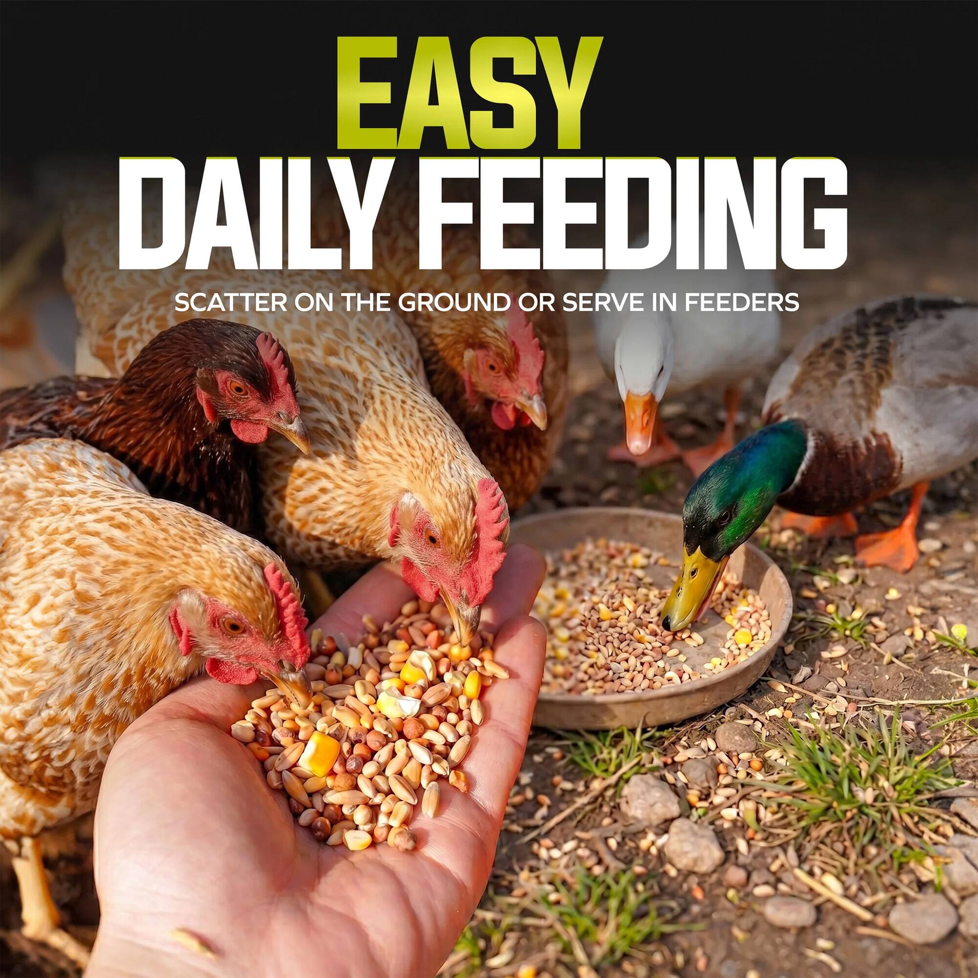 EASY DAILY FEEDING  
SCATTER ON THE GROUND OR SERVE IN FEEDERS
