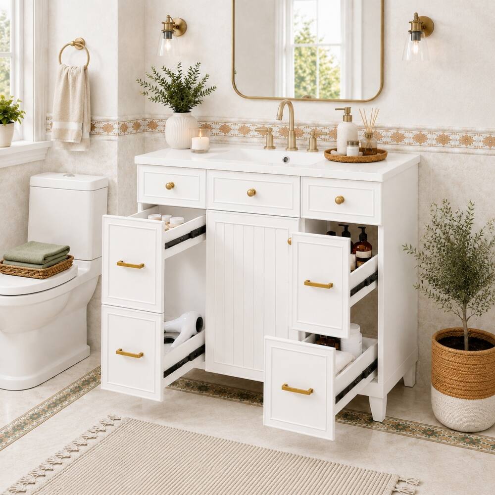 Left. Loheer - Loheer 36 inch white bathroom vanity with sink Solid Wood Freestanding - White.