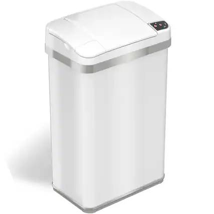 Angle. iTouchless - 4 Gallon Touchless Sensor Trash Can with AbsorbX Odor Control and Fragrance, White Stainless Steel Bathroom Garbage Bin - Pearl White.
