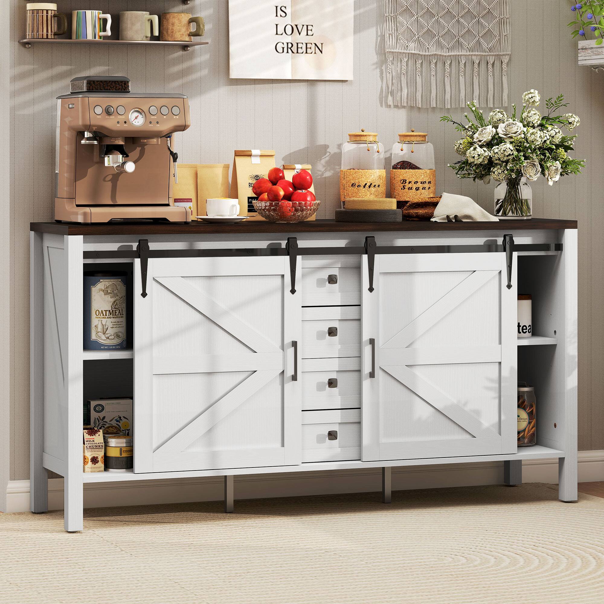 Homcom - 59 Inch Farmhouse Sideboard Buffet Cabinet with Thick Top, Coffee Bar Cabinet with 2 Sliding Barn Doors - Distressed White