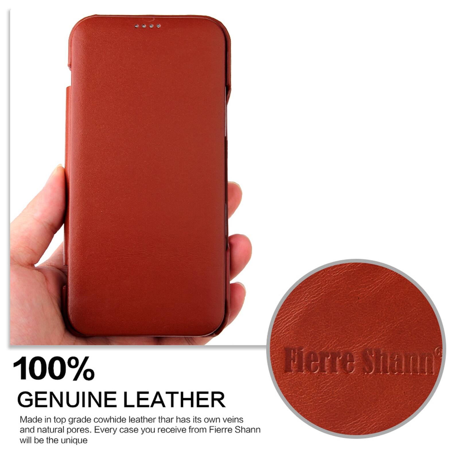 100% Fierre Shanni GENUINE LEATHER Made in top grade cowhide leather that has its own veins and natural pores. Every case you receive from Fierre Shann will be the unique
