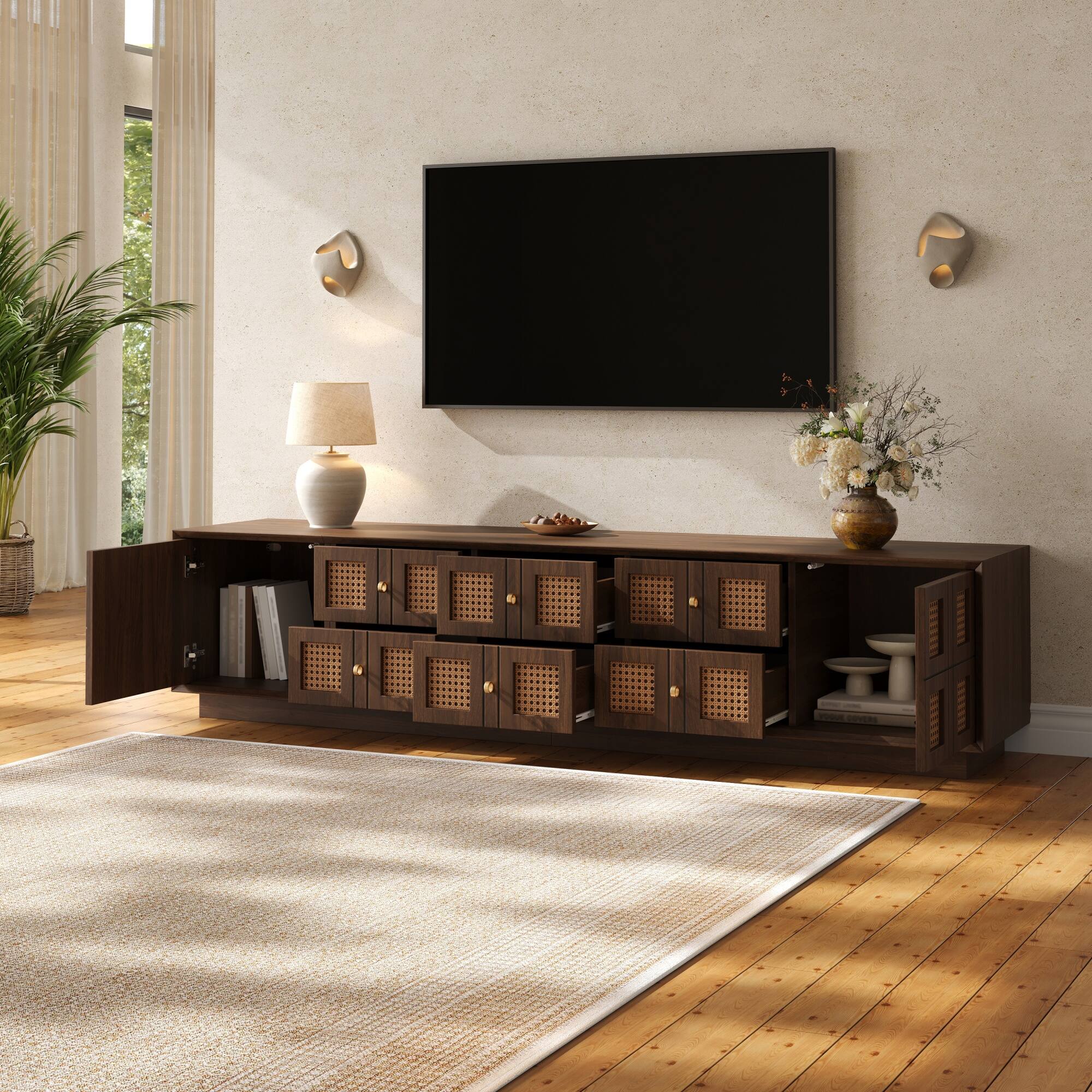 Angle. MERAVOM - 72" Media Console TV Stand for 80 Inch TVs, Rattan Entertainment Center with 6 Drawers and 2 Cabinets for Living Room - Walnut.