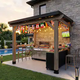 Mondawe - 8x6 ft. Cedar Hardtop BBQ Gazebo with Two Side Wooden Holder– Buy Now & Get a Free Flag - Black