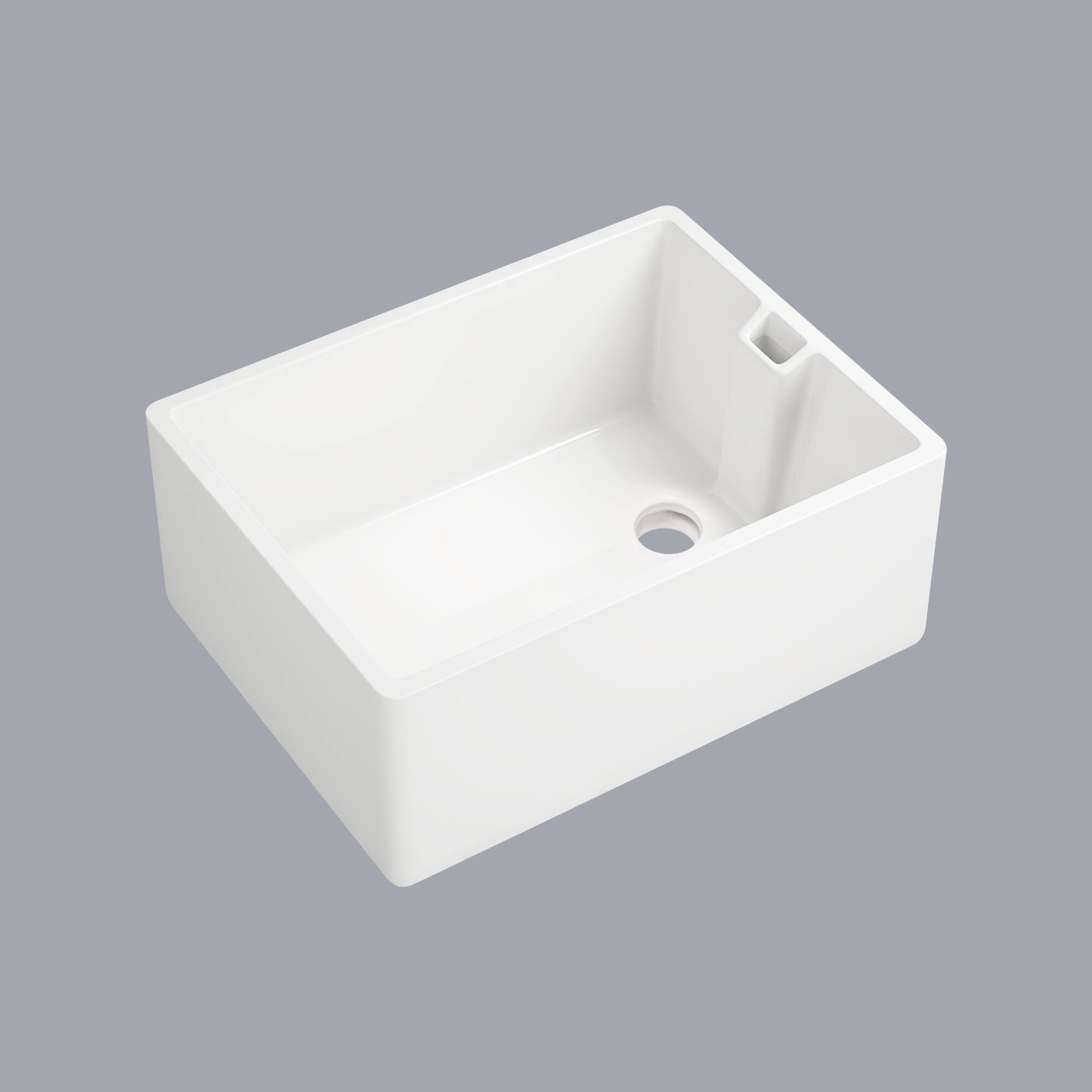 Angle. TinyHomie - 24x18 Inch White Ceramic Single Bowl Kitchen Sink - White.