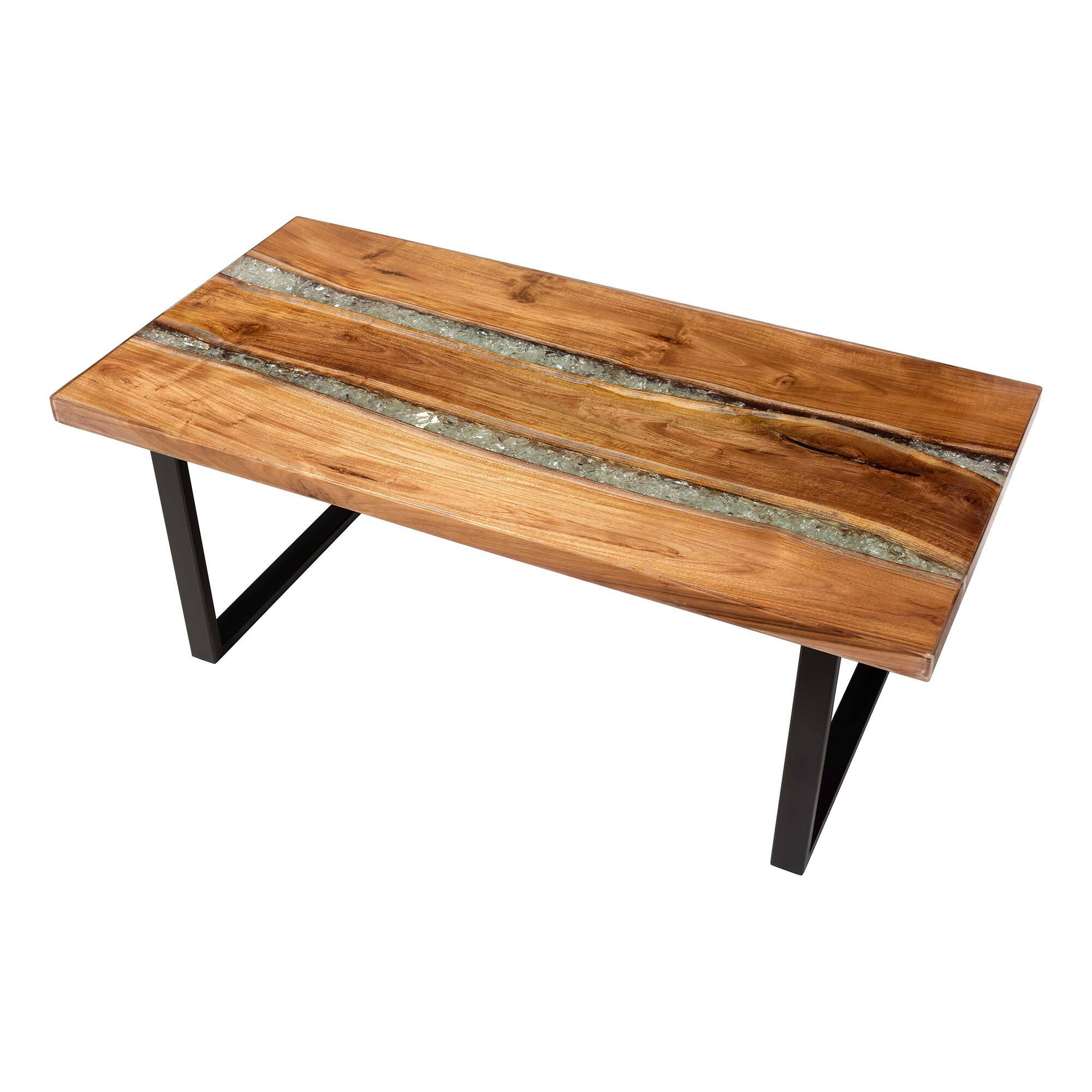 Back. bali & pari - Apio Wood Epoxy Resin Coffee Table with Glass Inlay - Rectangular Live Edge Teak wood with Black Metal Base - Natural Brown/White/Black.