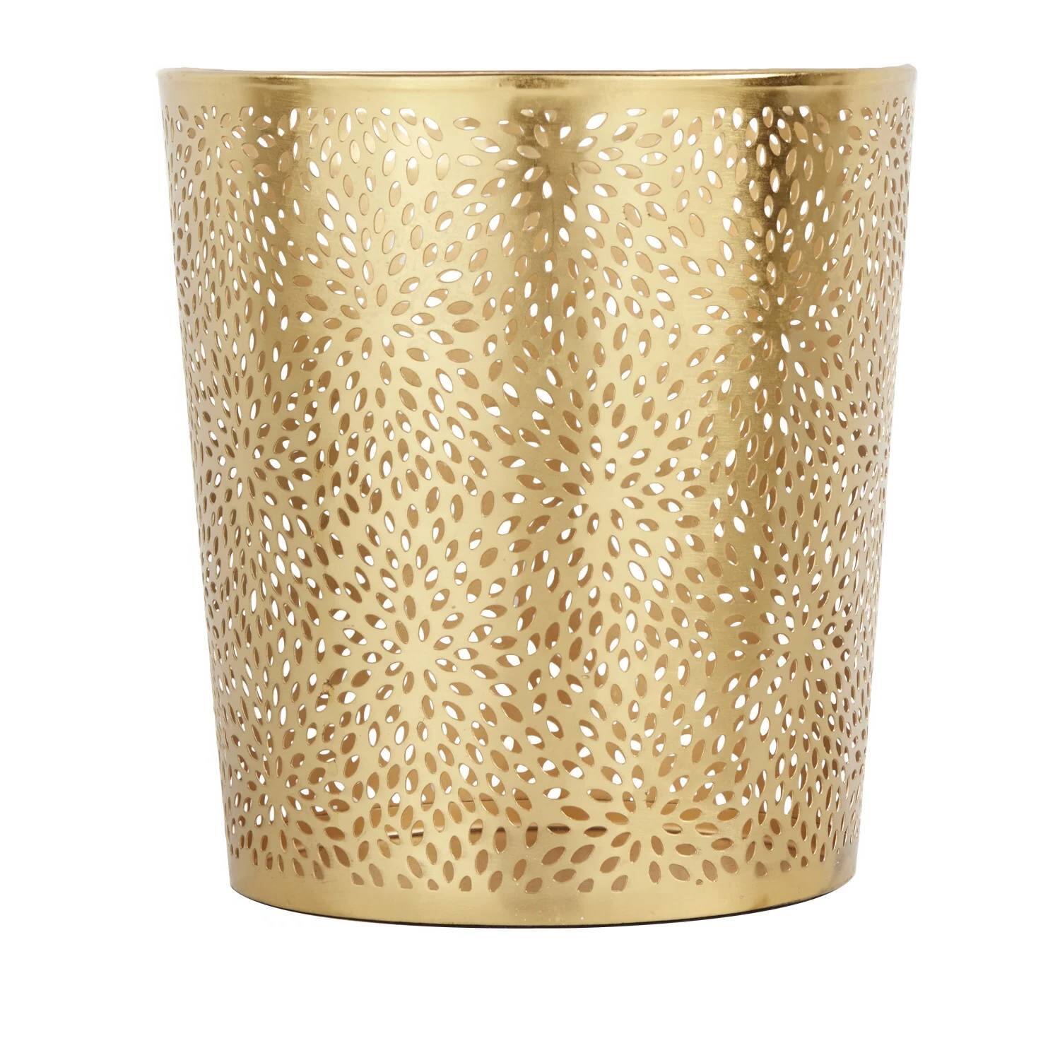 Left. Hivvago - 1.3 Gallon Round Perforated Copper Gold Metal Waste Basket Trash Can - Copper Gold.