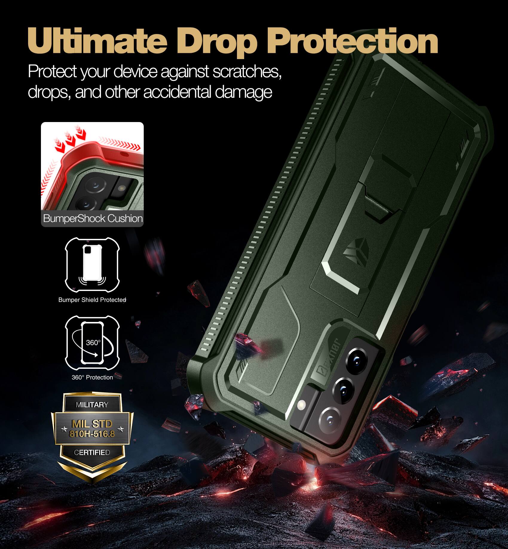 Ultimate Drop Protection

Protect your device against scratches, drops, and other accidental damage

- BumperShock Cushion
- Bumper Shield Protected
- 360° Protection

MILITARY
MIL STD 810H-516.8 CERTIFIED