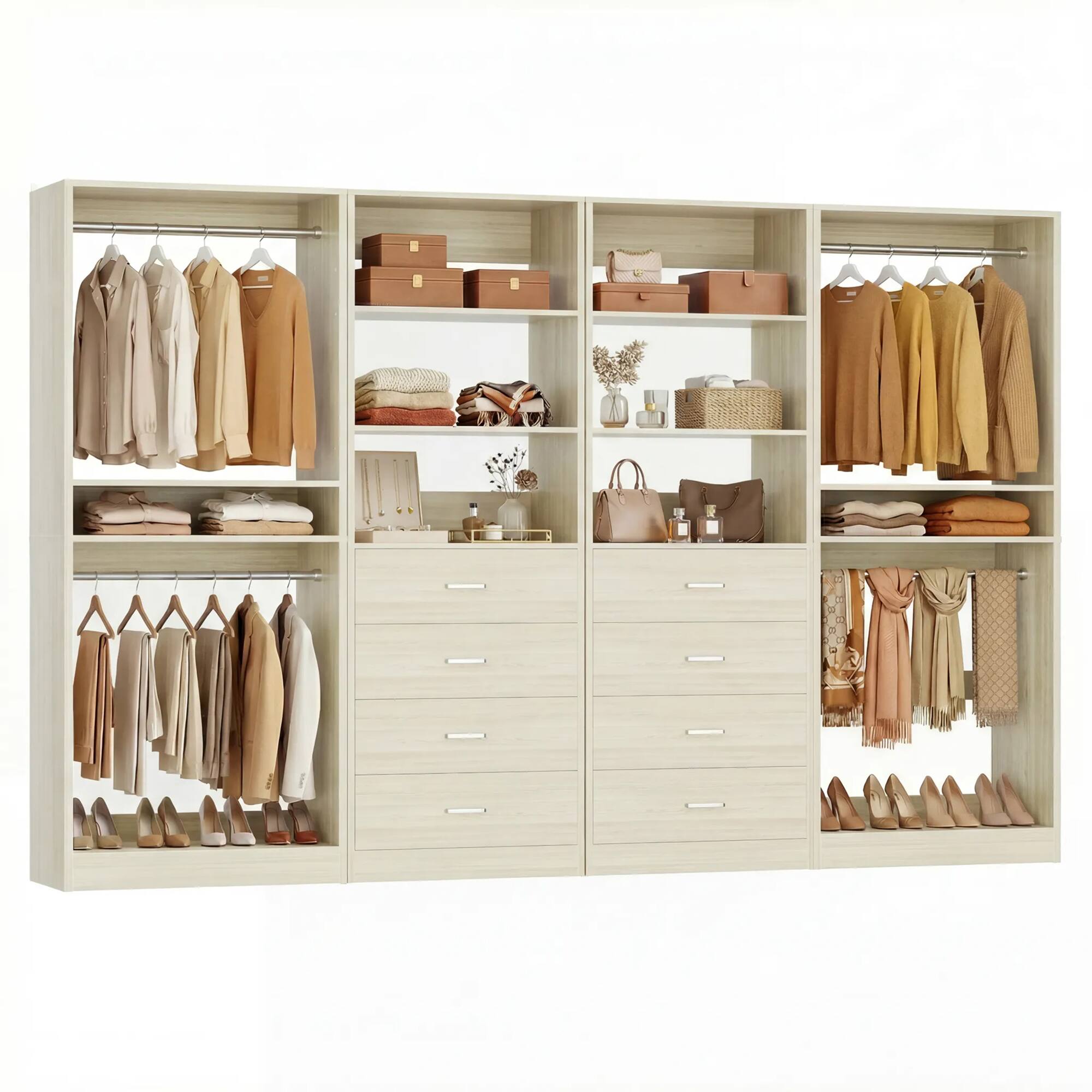 Alt View 1. Aheaplus - 92.6" Walk-in Closet Organizer System with 8 Drawers and 4 Hanging Rods, 4 Piece Set - Beige Oak.