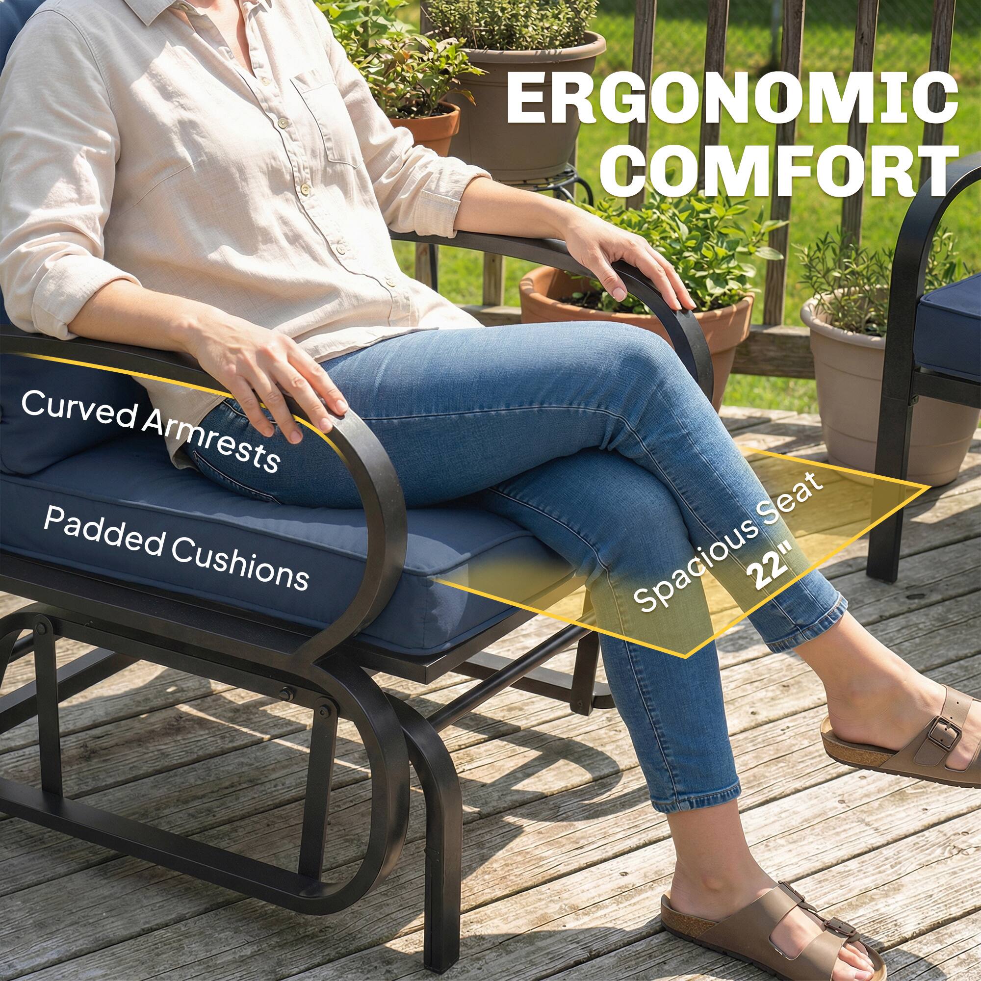 ERGONOMIC COMFORT

- Curved Armrests
- Padded Cushions
- Spacious Seat 22"