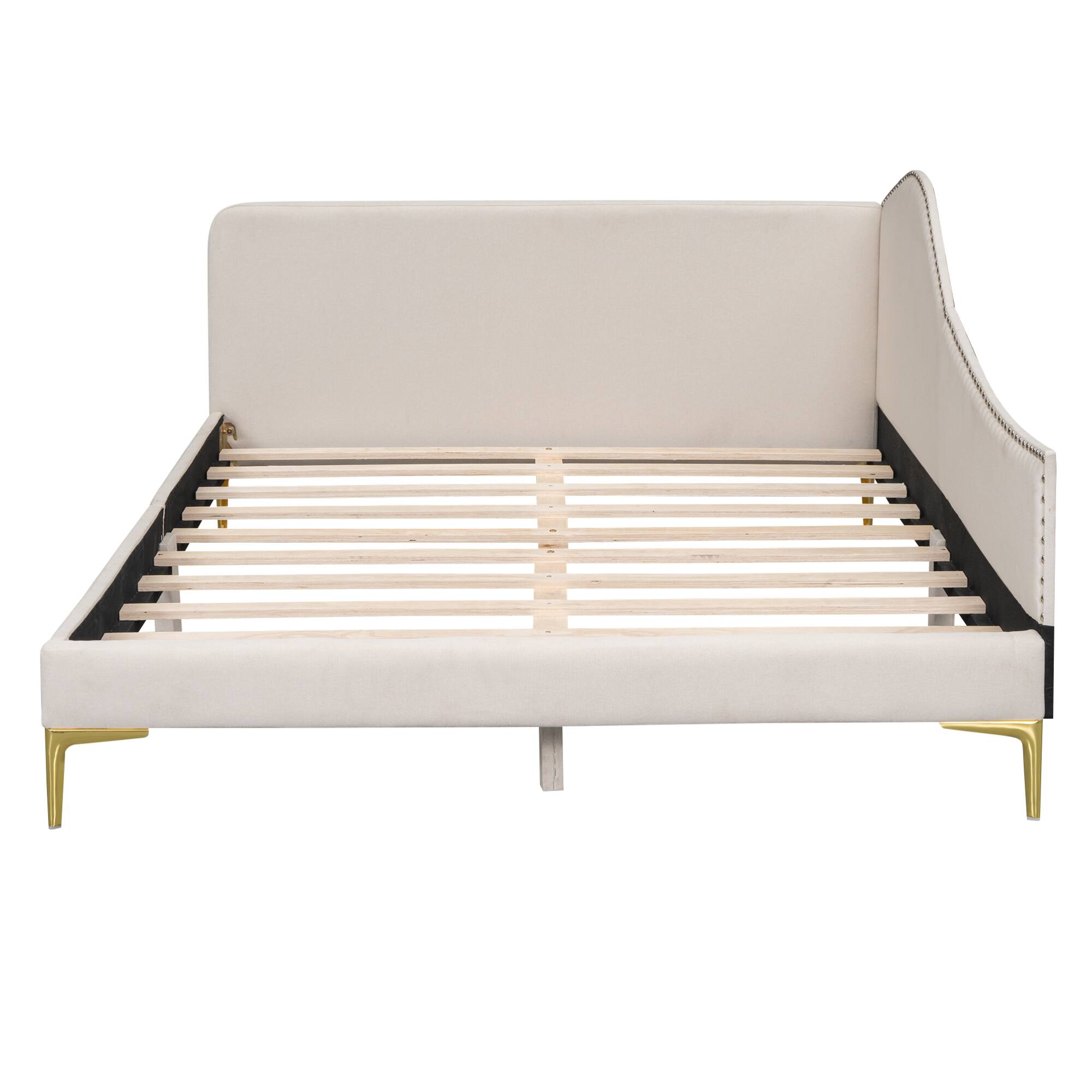 Alt View 6. GOODSILO - Full Size Upholstered Daybed with Headboard and Armrest, Support Legs - Beige.