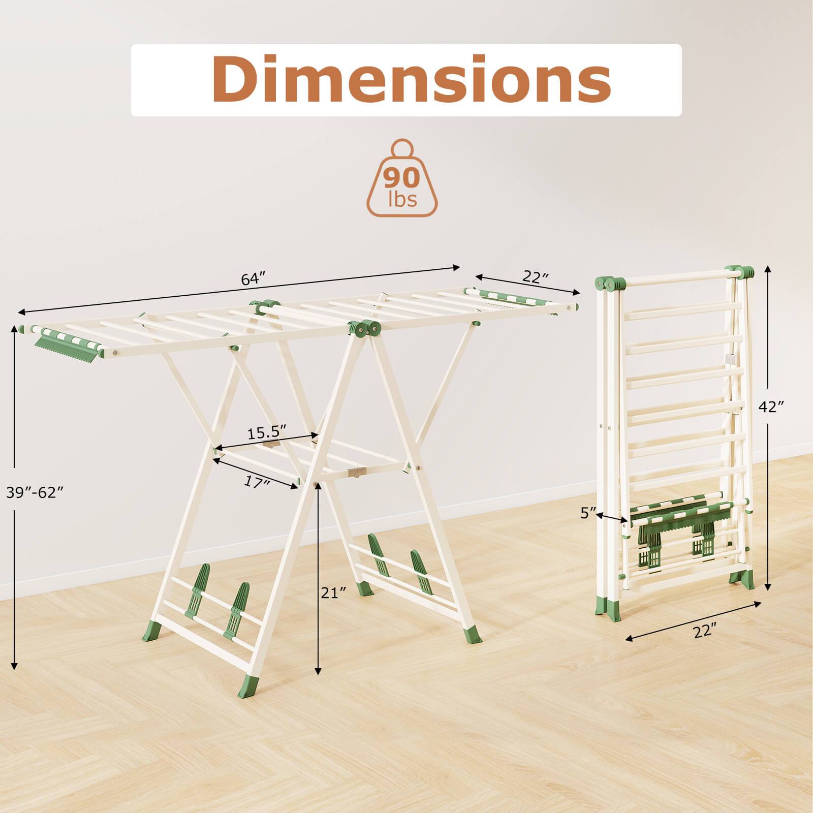 Dimensions:  
- Weight: 90 lbs  
- Length: 64"  
- Width: 22"  
- Height: 42"  
- Base: 39"-62"  
- Depth: 15.5"  
- Ladder Width: 21"  
- Ladder Height: 42"  
- Ladder Step Width: 5"  
- Ladder Step Depth: 22"