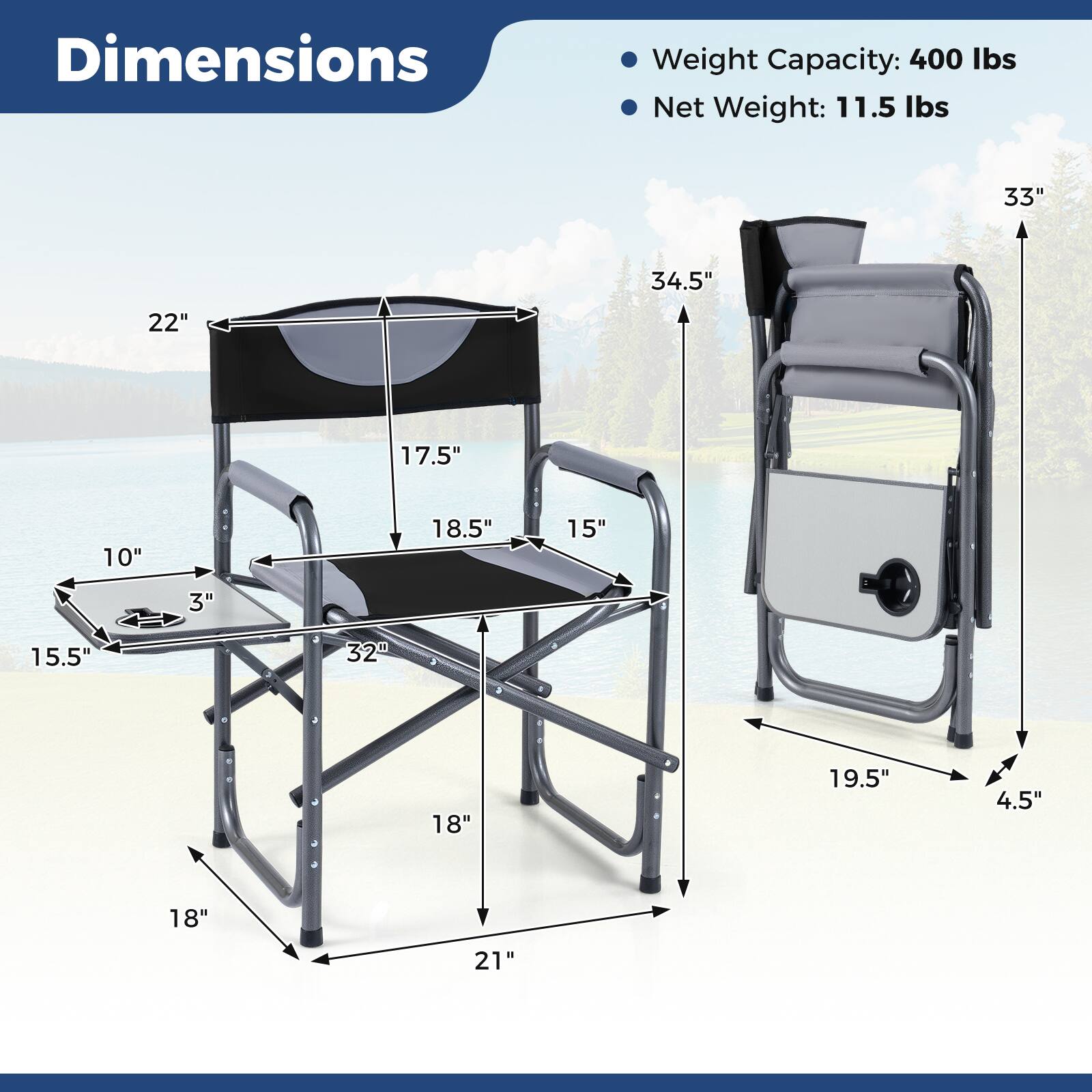 Dimensions  
Weight Capacity: 400 lbs  
Net Weight: 11.5 lbs  

33"  
34.5"  
22"  
17.5"  
10"  
18.5"  
15"  
3"  
15.5"  
32"  
18"  
19.5"  
4.5"  
18"  
21"